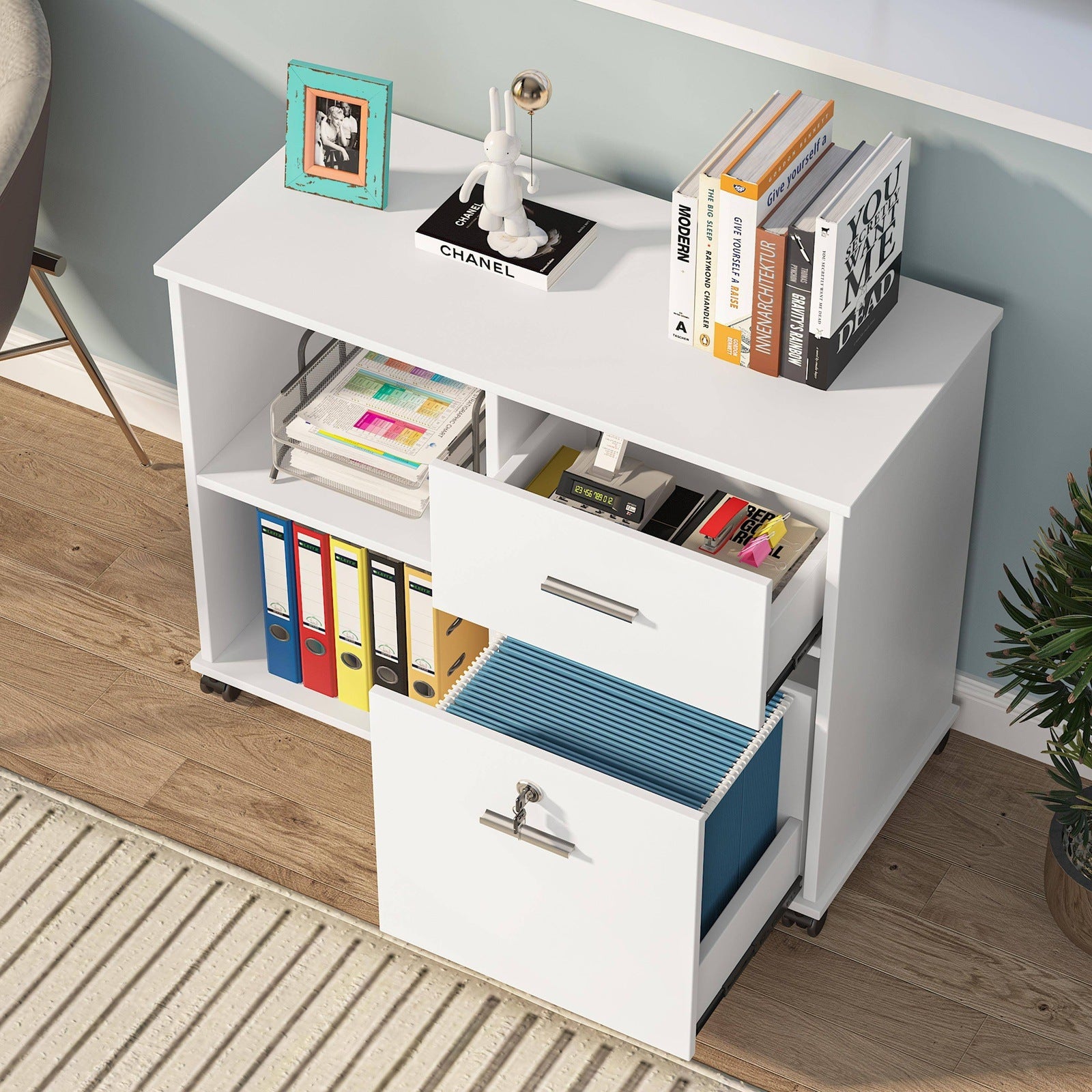 File Cabinet, 2 Drawer Mobile Printer Stand with Lock