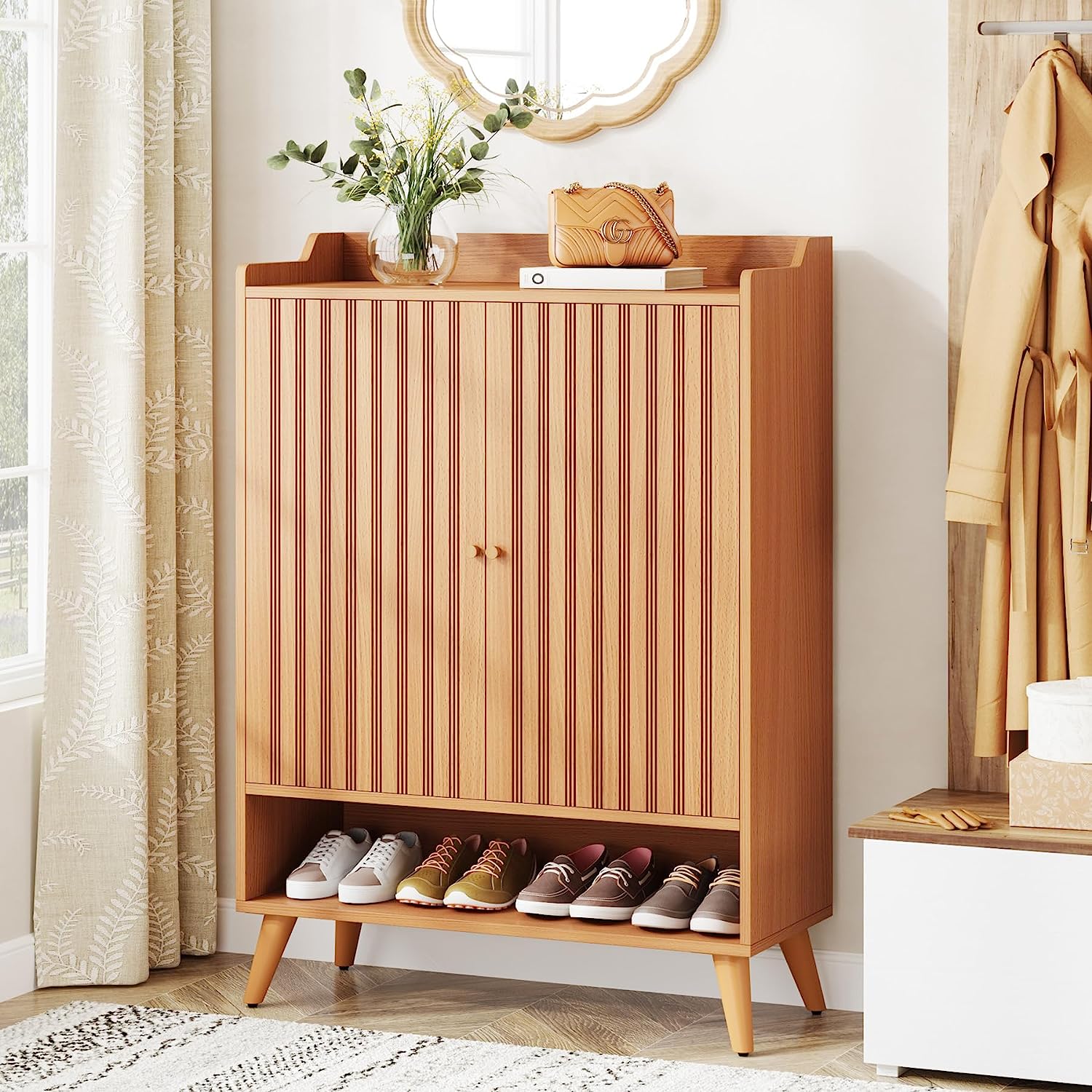 Wooden Shoe Cabinet with Adjustable Shelves and Open Shelf