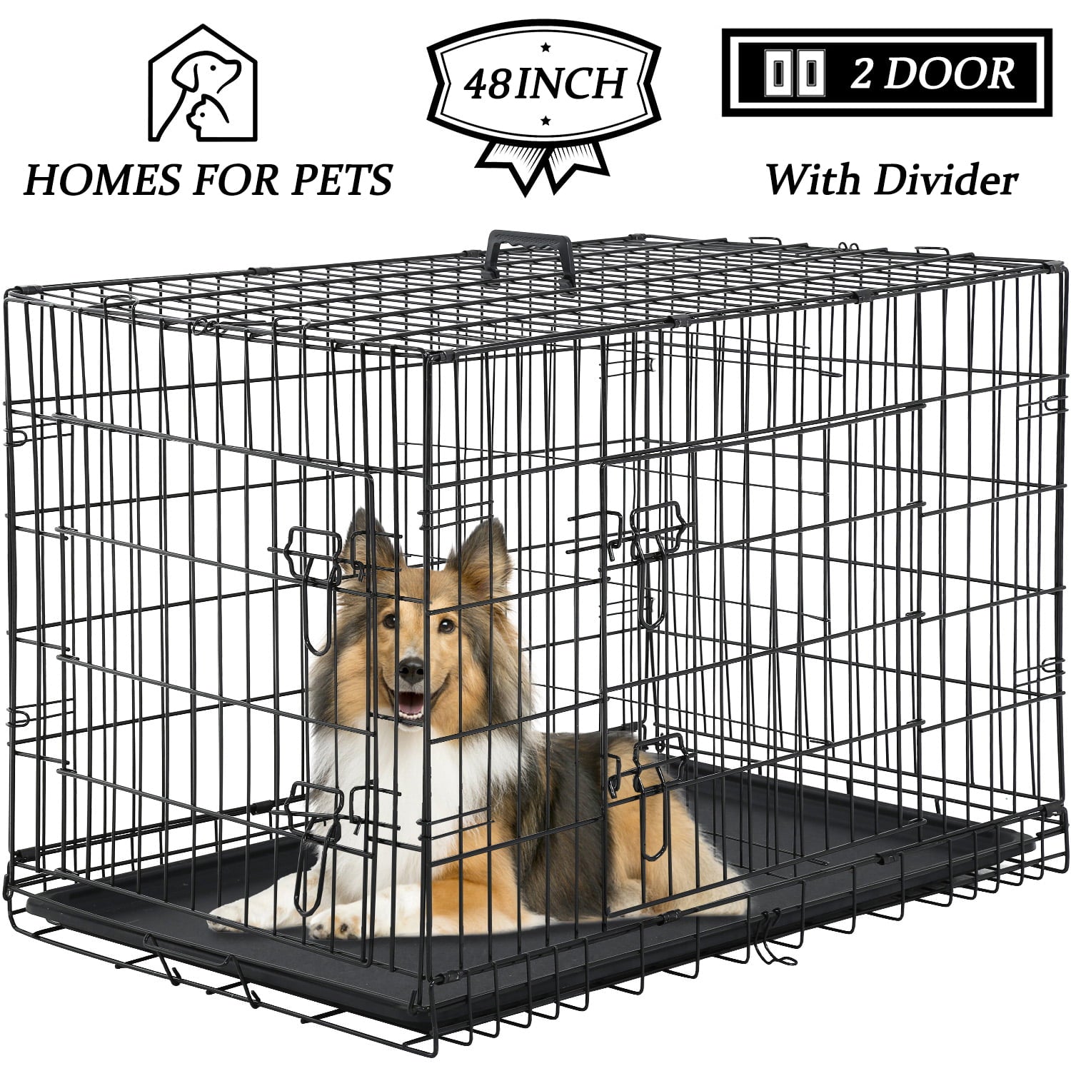 YRLLENSDAN 48 inch Foldable Large Dog Crate for Large Dogs， Metal Wire Dog Cage with Plastic Tray and Handle Double-Door Outdoor Dog Crates and Kennels for Medium dogs