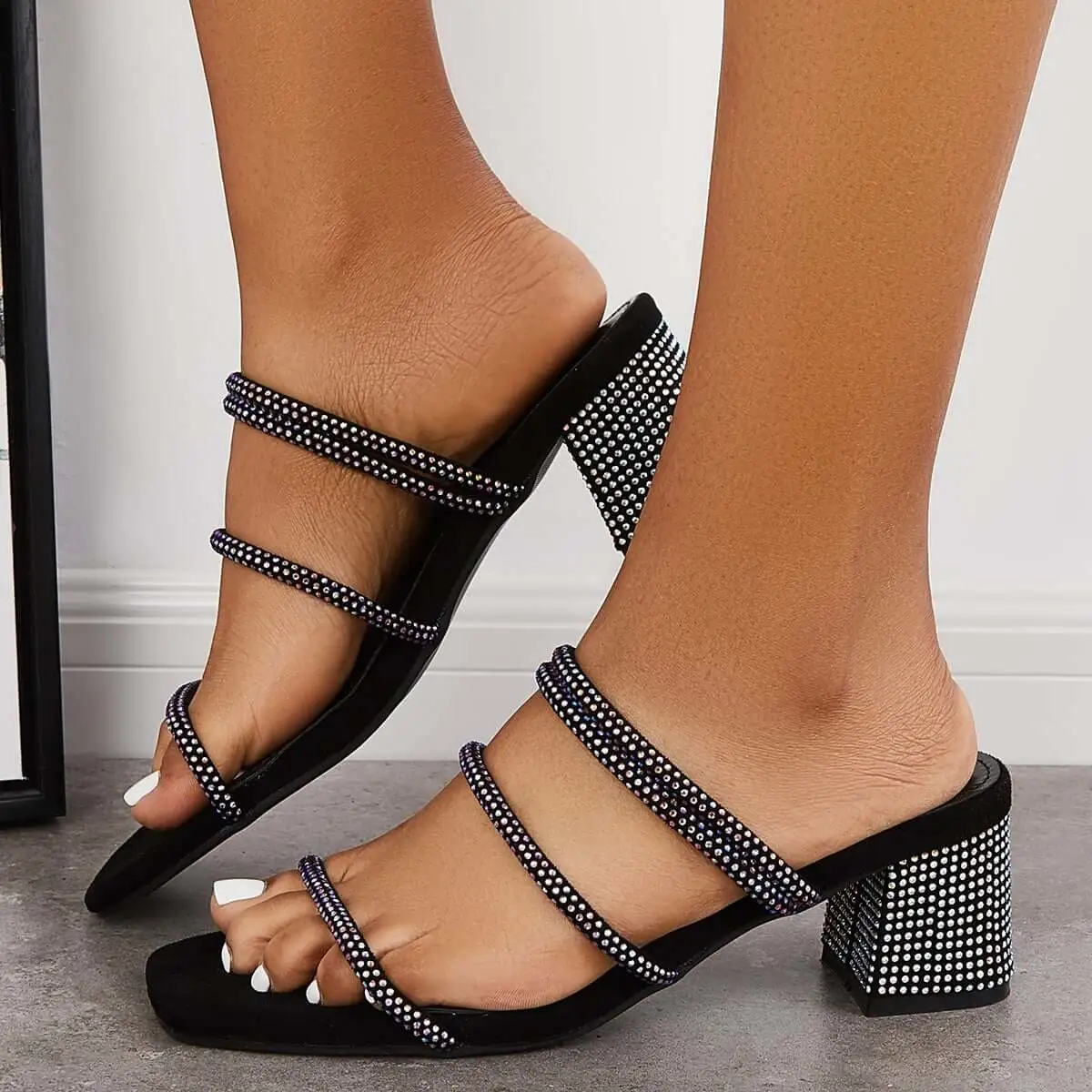Rhinestone Chunky Heel Mules Slip on Backless Sandals