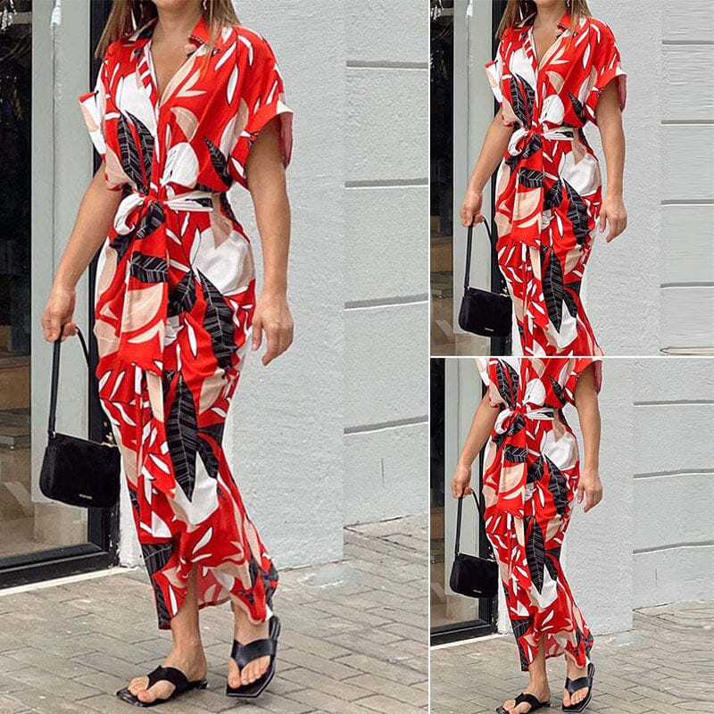 Lapel Tie Leaf Print Dress