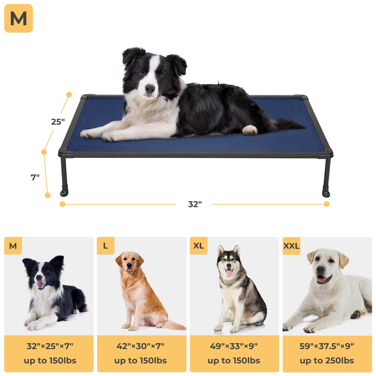 Veehoo Chewproof Dog Bed， Cooling Raised Dog Cots with Black Metal Frame， Medium， Blue