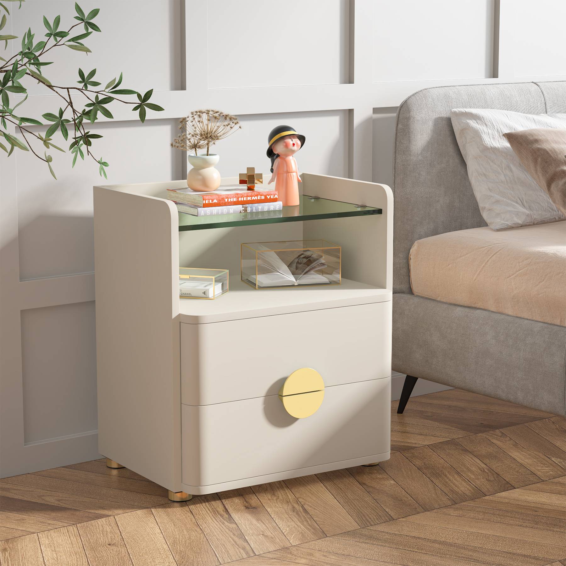 2-Drawer Nightstand, Modern Bedside Table with Open Storage