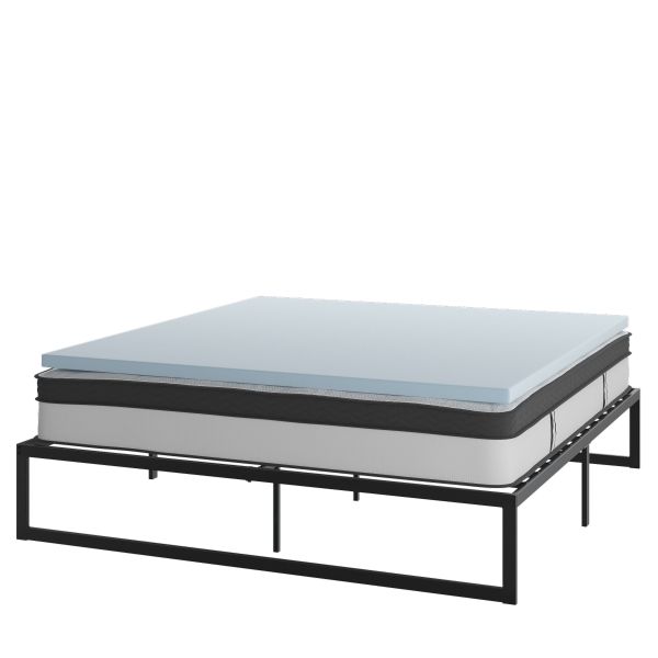Leo 14 Inch Metal Platform Bed Frame with 12 Inch Pocket Spring Mattress in a Box and 2 Inch Cool Gel Memory Foam Topper - King