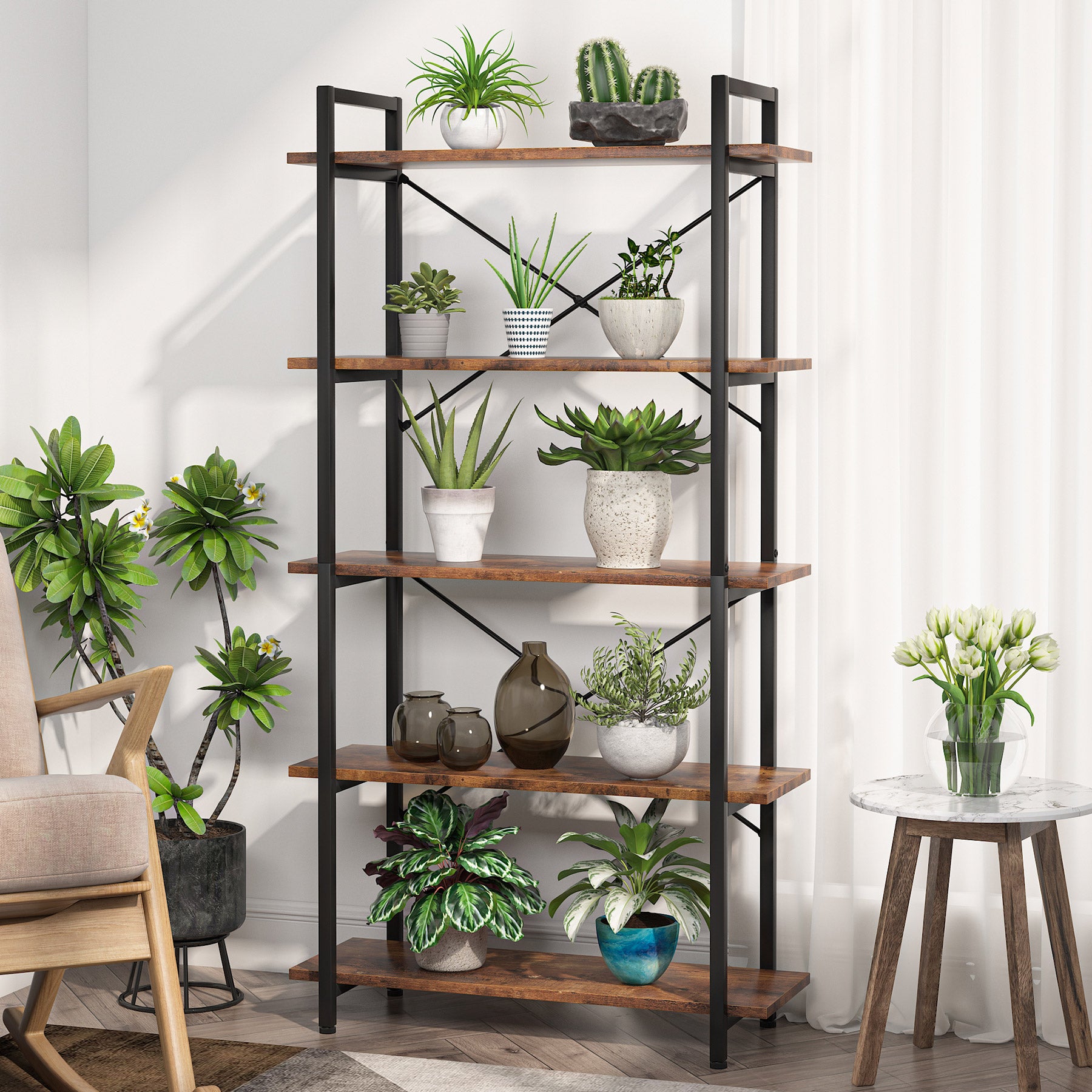 5-Tier Bookshelf, Industrial Etagere Bookcase Display Shelf Unit