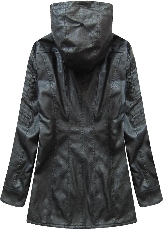 BLACK ECO LEATHER COAT WITH HOOD