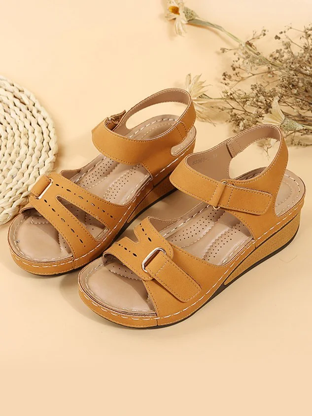 Vintage Roman Cutout Velcro Wedge Sandals