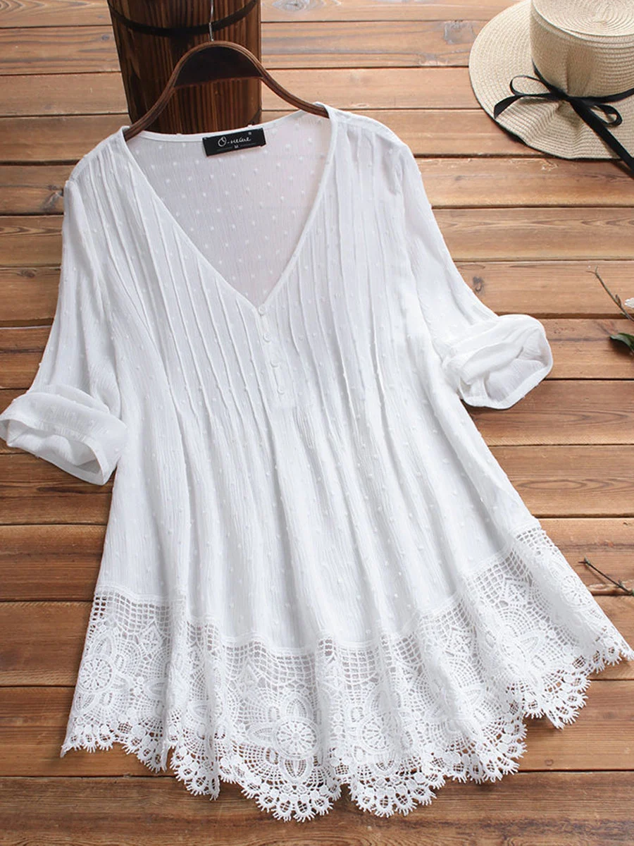 V-neck Casual Loose Lace Panel Sunscreen Mid-sleeve Blouse
