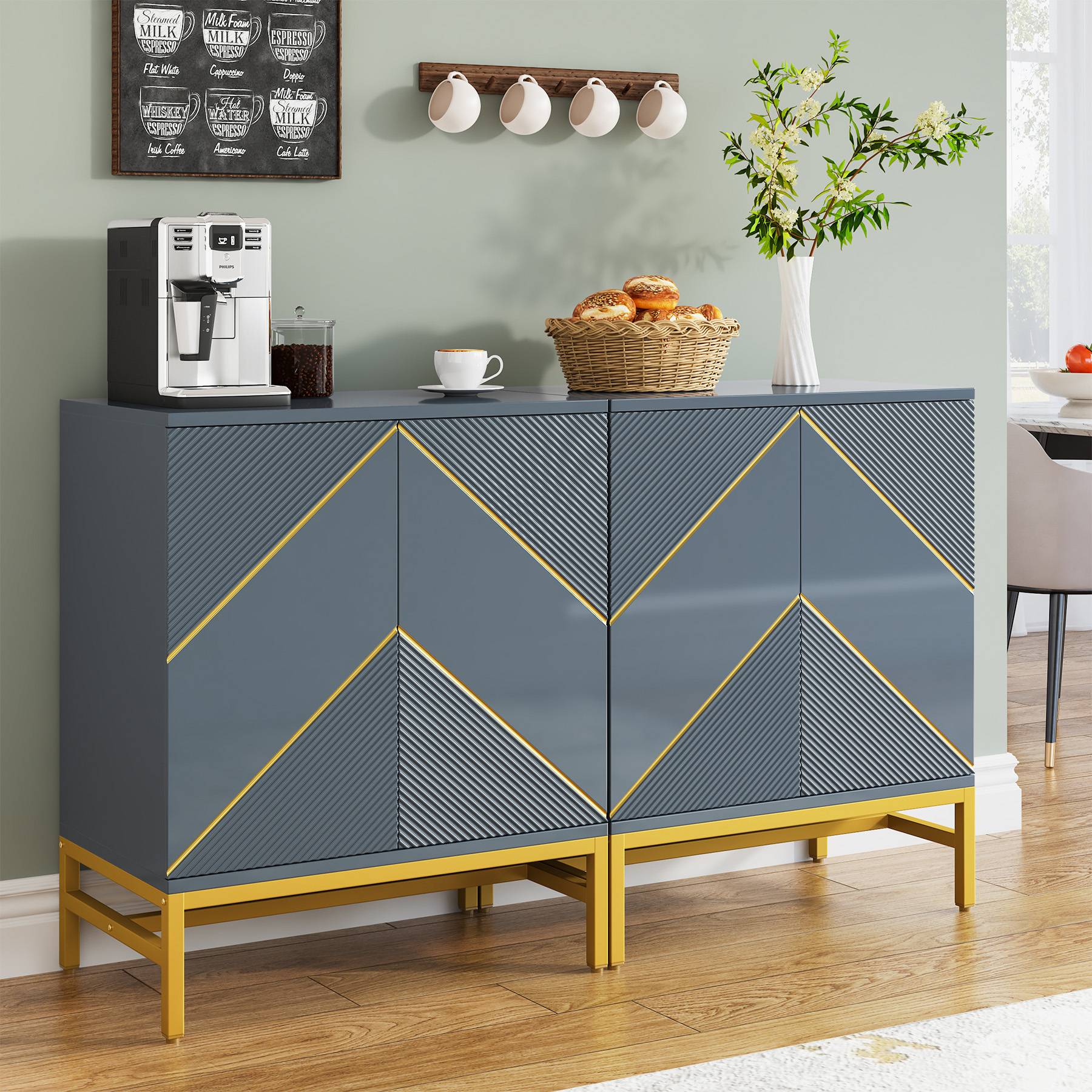 Sideboard Buffet Set of 2, Kitchen Storage Cabinet with Adjustable Shelves