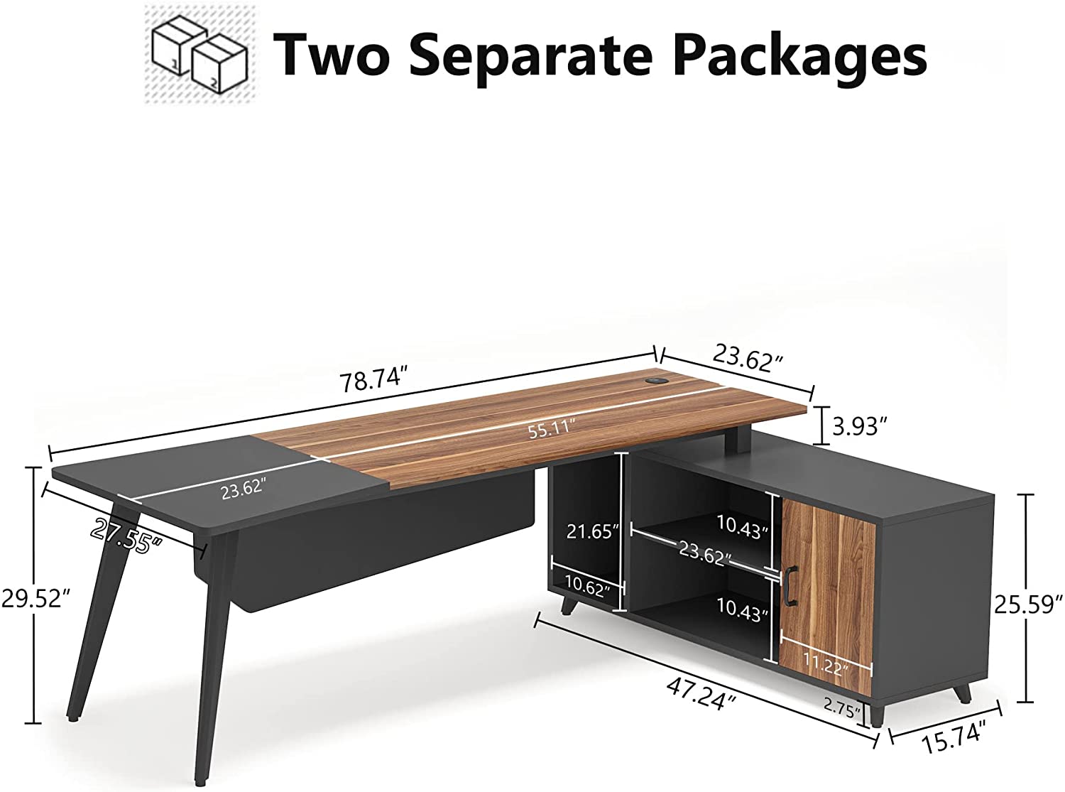 Industrial L-Shaped Desk, 78.74 Inch Executive Office Desk with File Cabinet