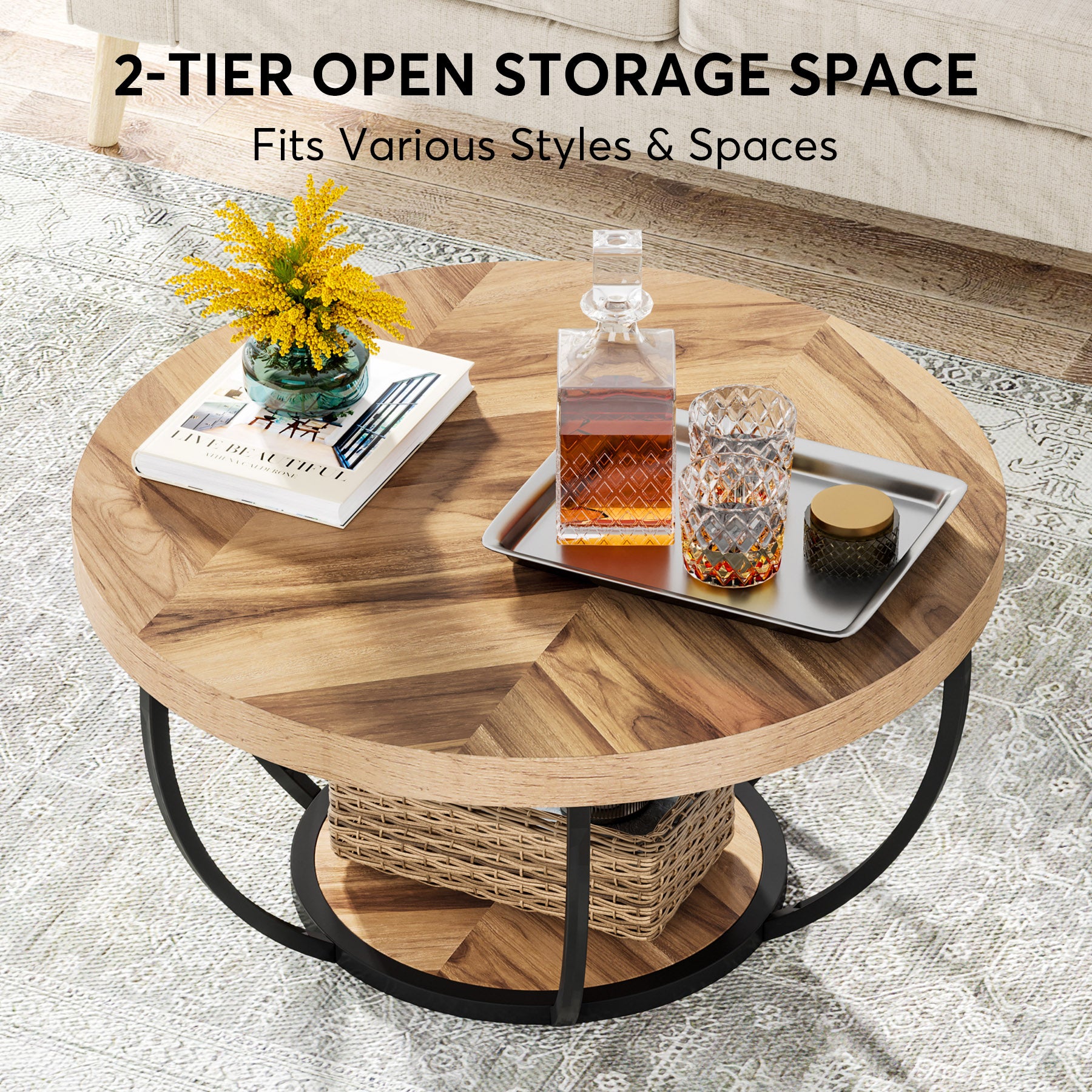 Wooden Coffee Table, 2-Tier Round Central Cocktail Table with Shelves