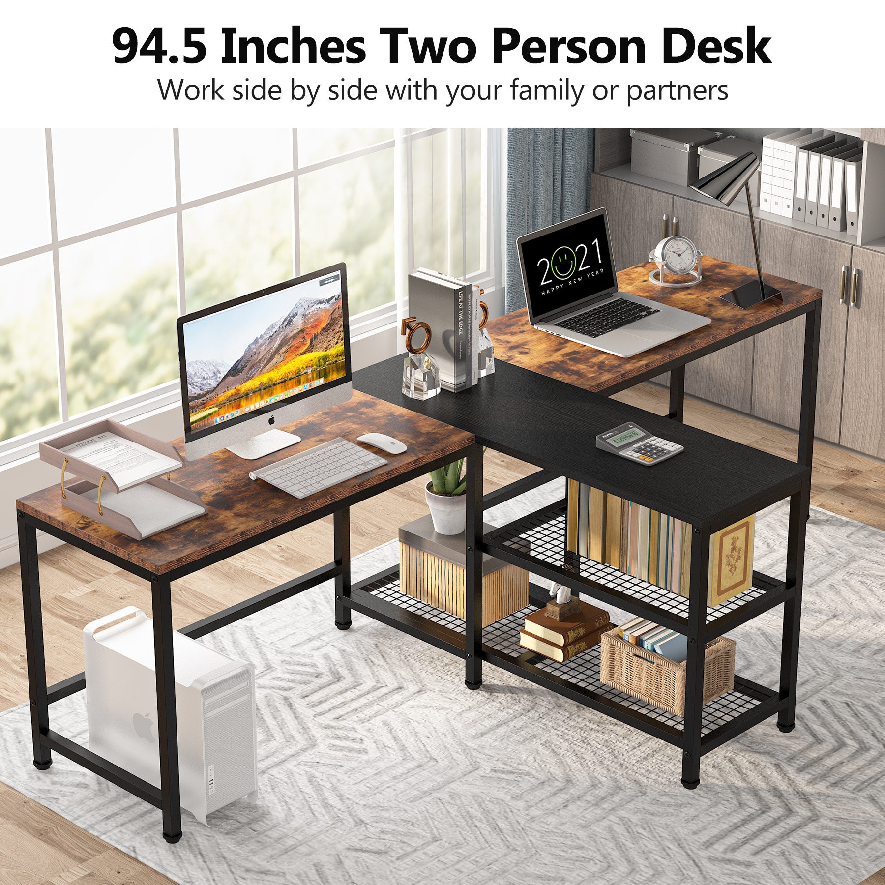 94.5 Two Person Desk, Double Computer Desk with Shelves