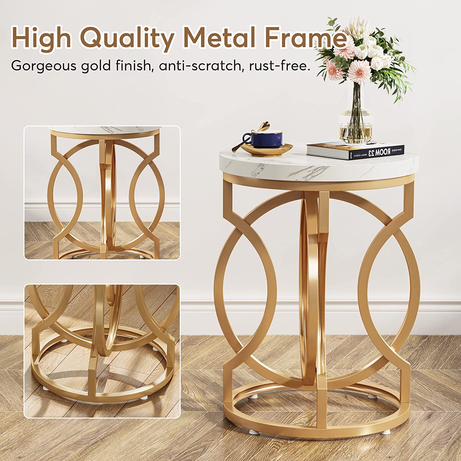 Round End Table, Modern Bedside Table with Faux Marble Top