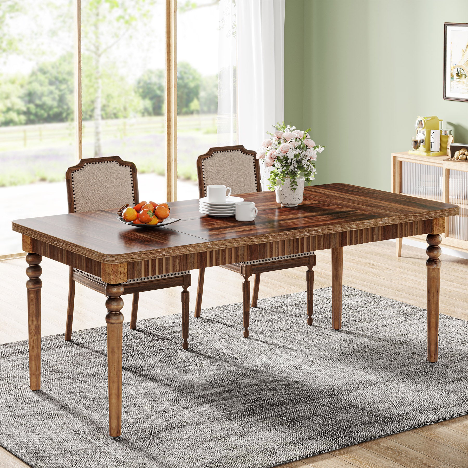 Farmhouse Dining Table for 4-6 People, Kitchen Table with Solid Wood Turned Legs