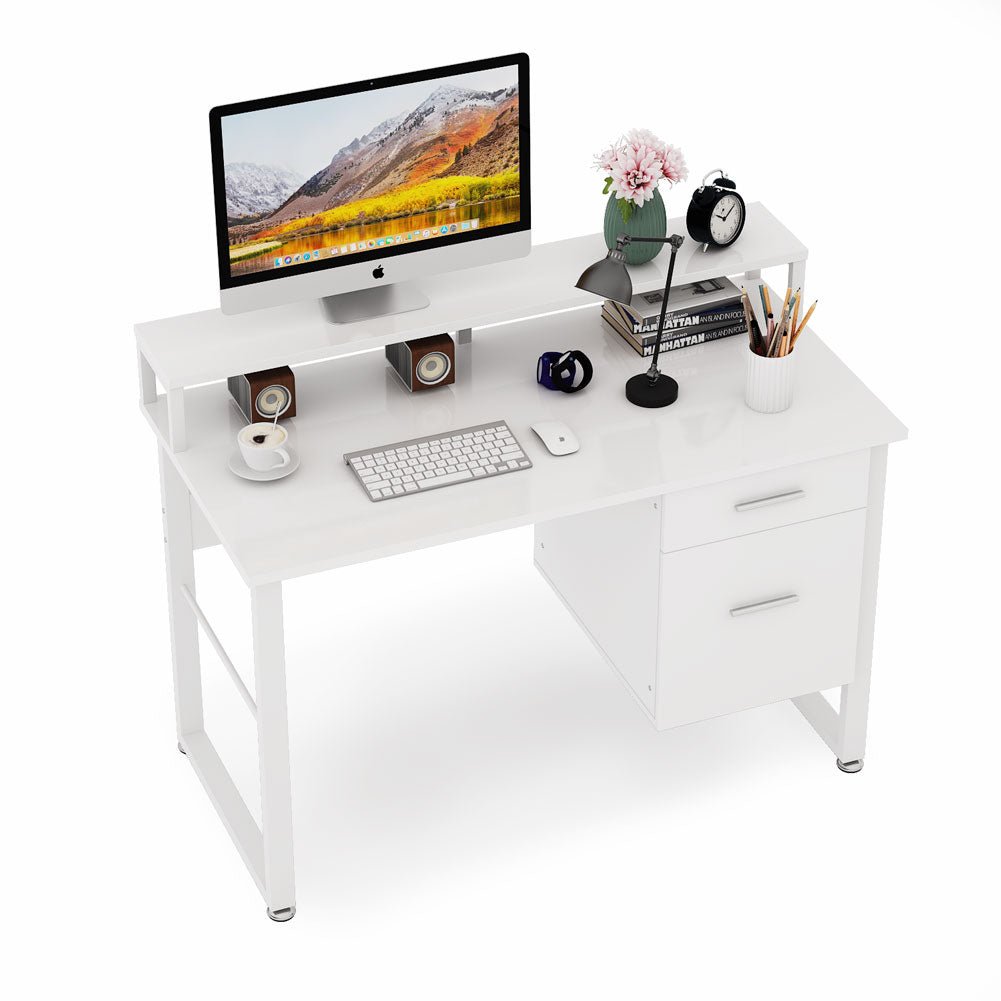 White Computer Desk, 47 Inches Modern Writing Desk with 2 Drawers