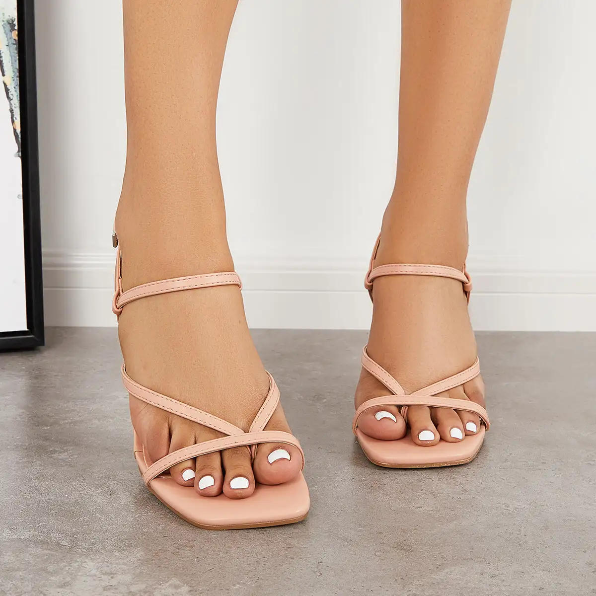 Square Open Toe Flip Flops Stiletto Heel Ankle Strap Sandals