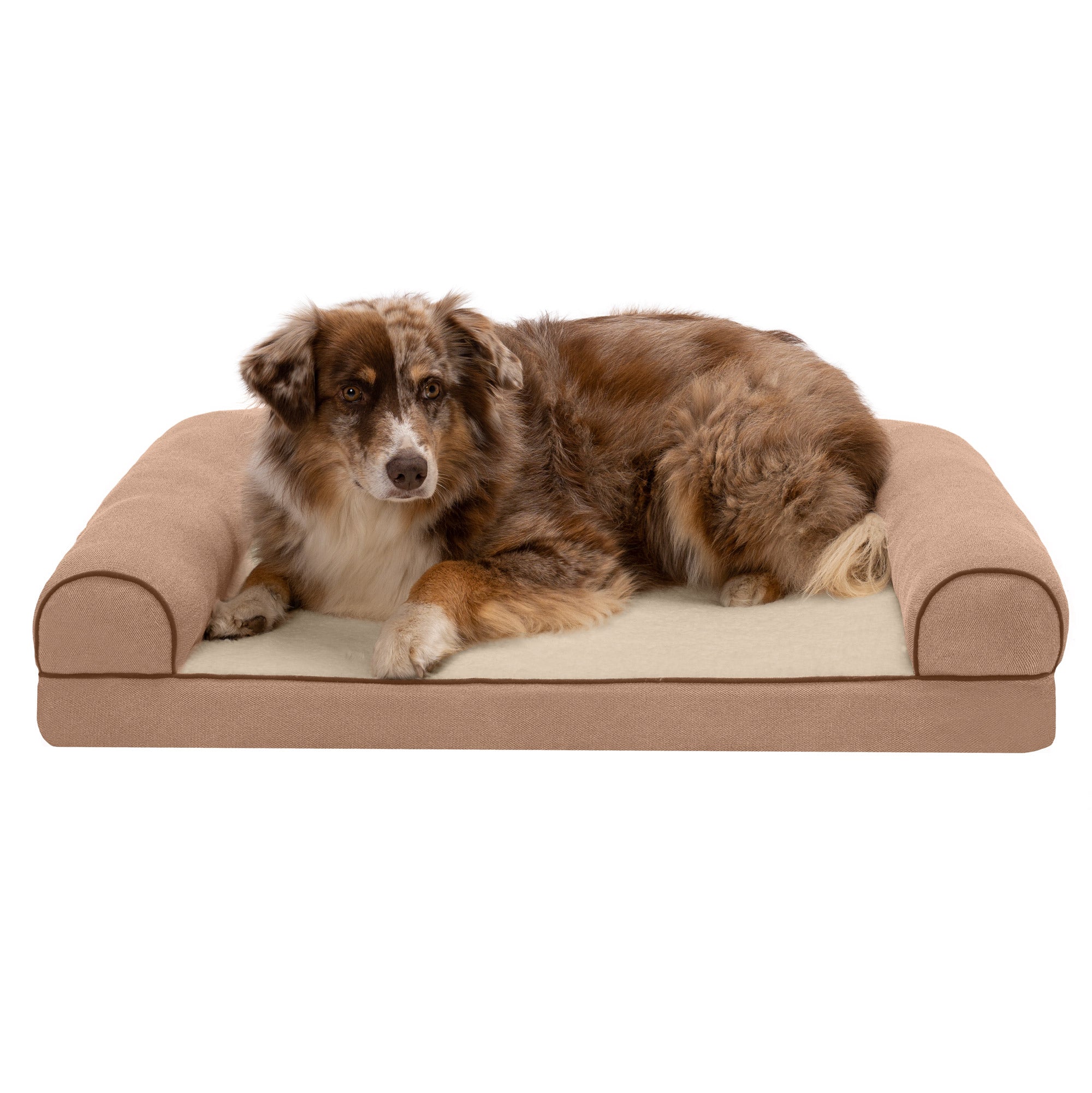 FurHaven Pet Products Cooling Gel Memory Foam Orthopedic Faux Sofa-Style Couch Pet Bed for Dogs and Cats， Cream， Large