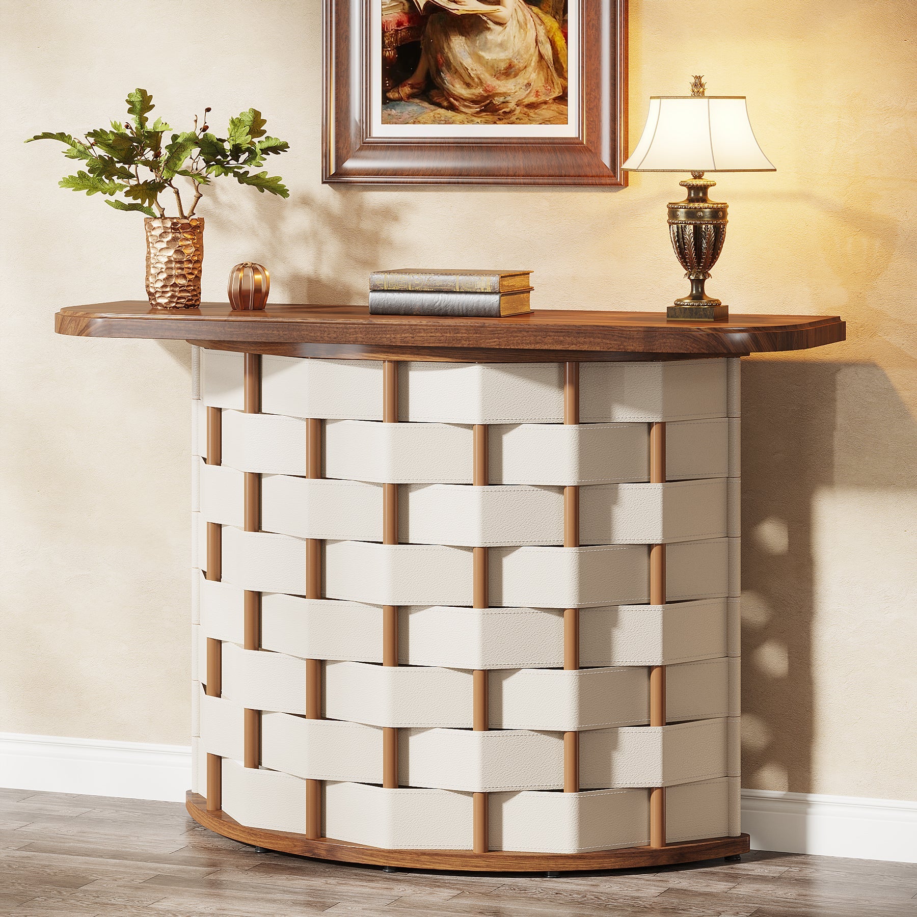 Half-Moon Console Table, 47-Inch Sofa Table with Woven Leather Base