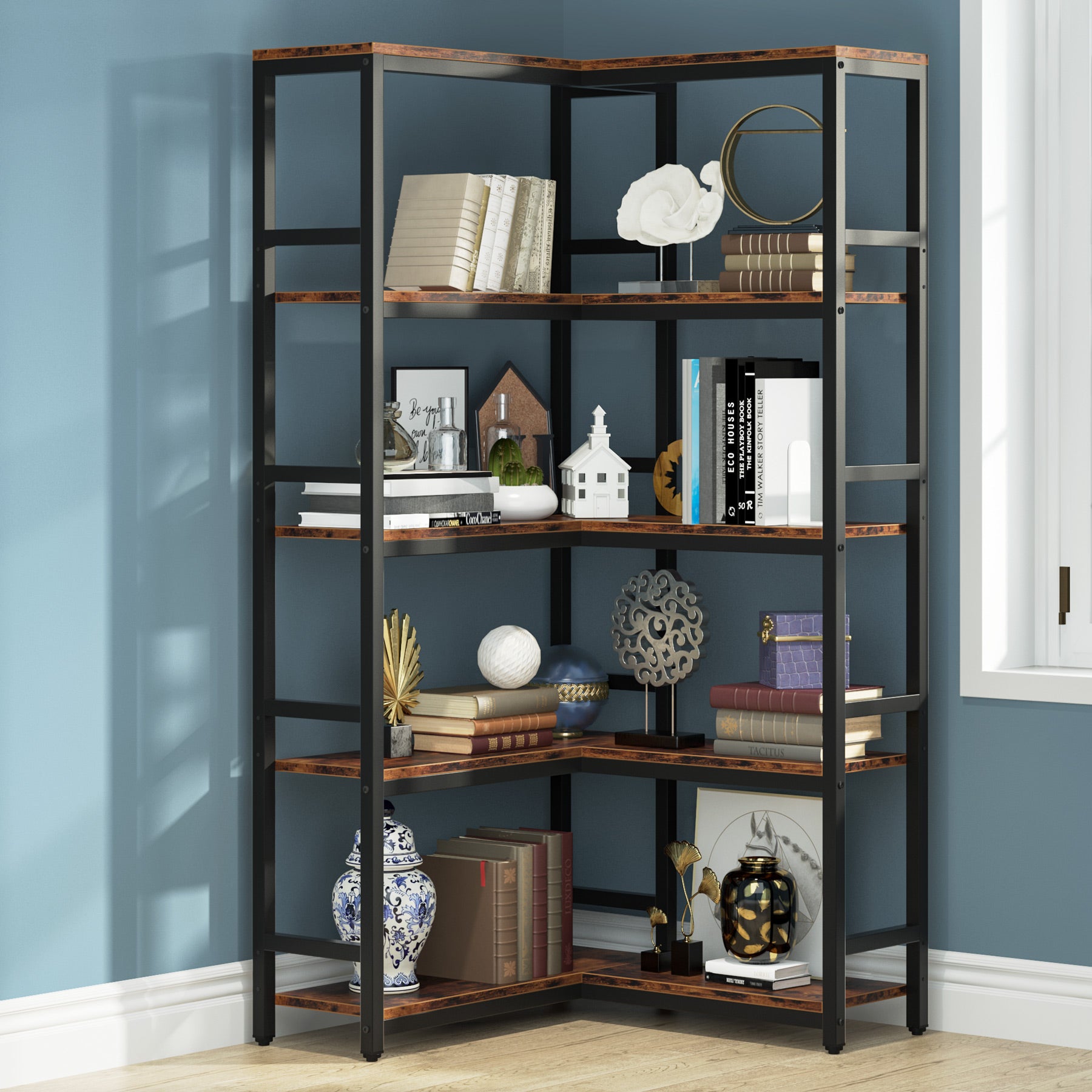 Industrial Corner Bookshelf, 5-Tier/7-Tier Bookcase Etagere Display Rack