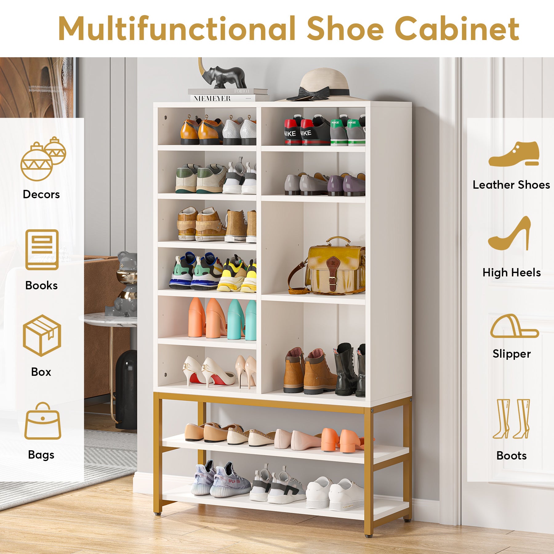 Freestanding Shoe Cabinet Rack with 10 Adjustable Compartments