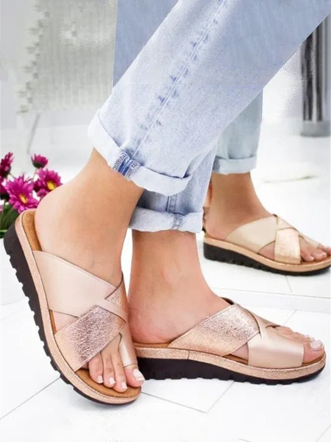 Contrast Cross Strap Thong Slip-On Wedge Slides