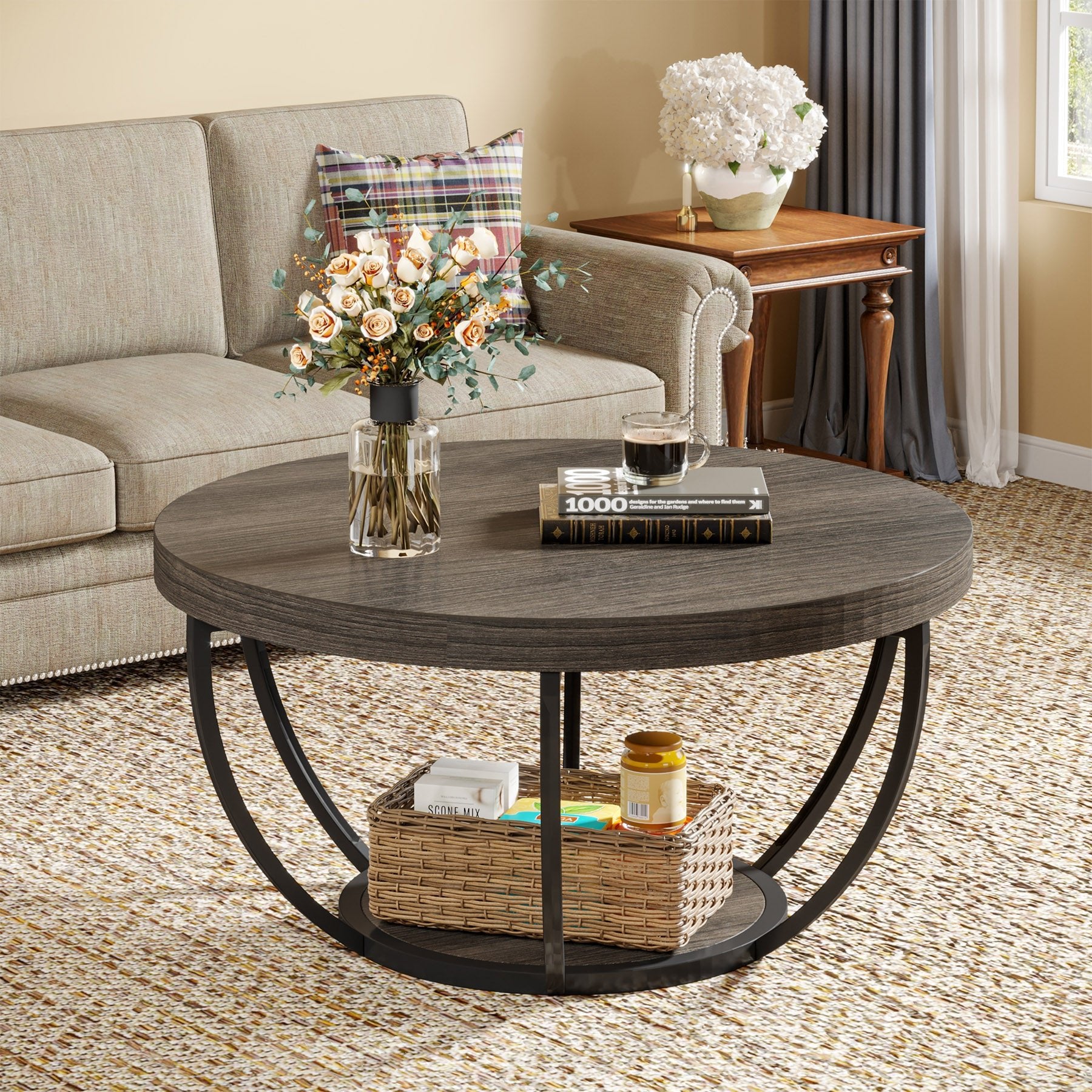 Wooden Coffee Table, 2-Tier Round Central Cocktail Table with Shelves