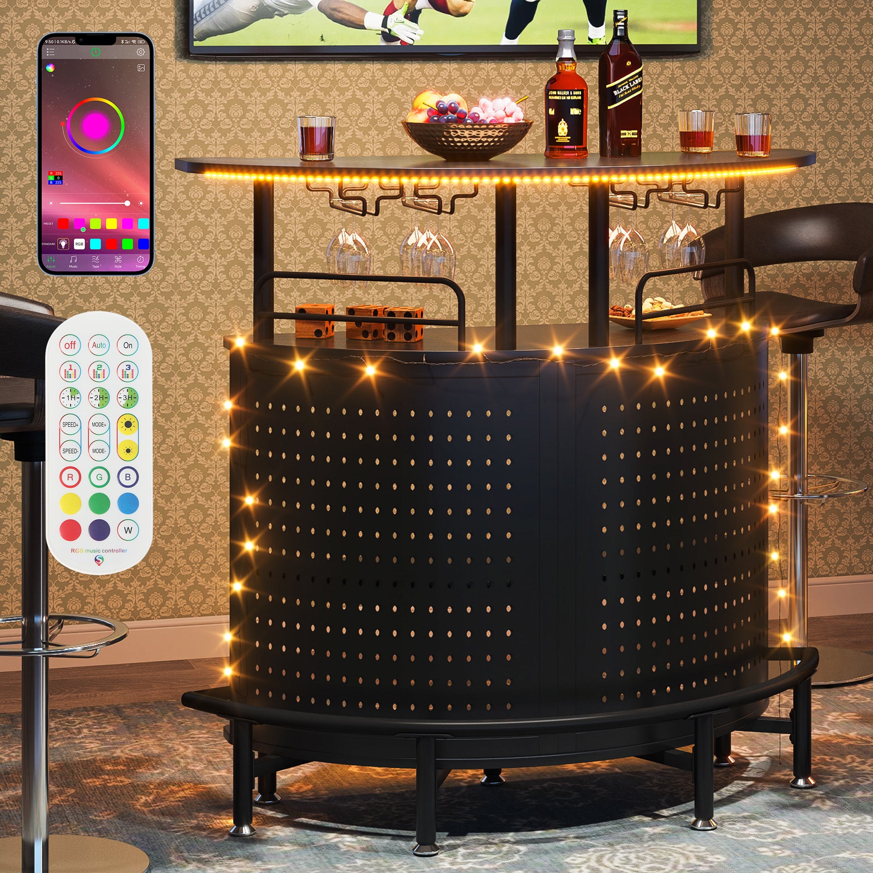 Smart Bar Unit with Led Lights, 3-Tier Liquor Bar Table