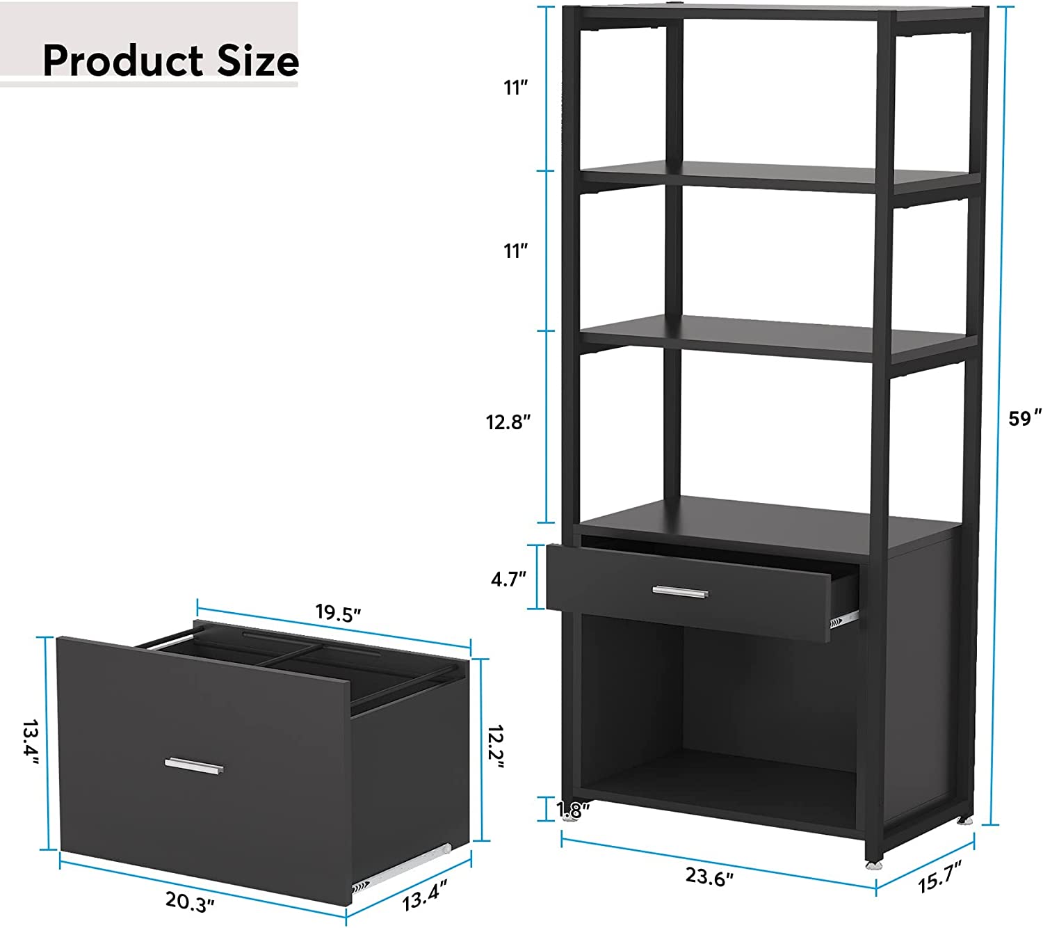 4-Tier File Cabinet, Modern Bookshelf with 2 Drawers