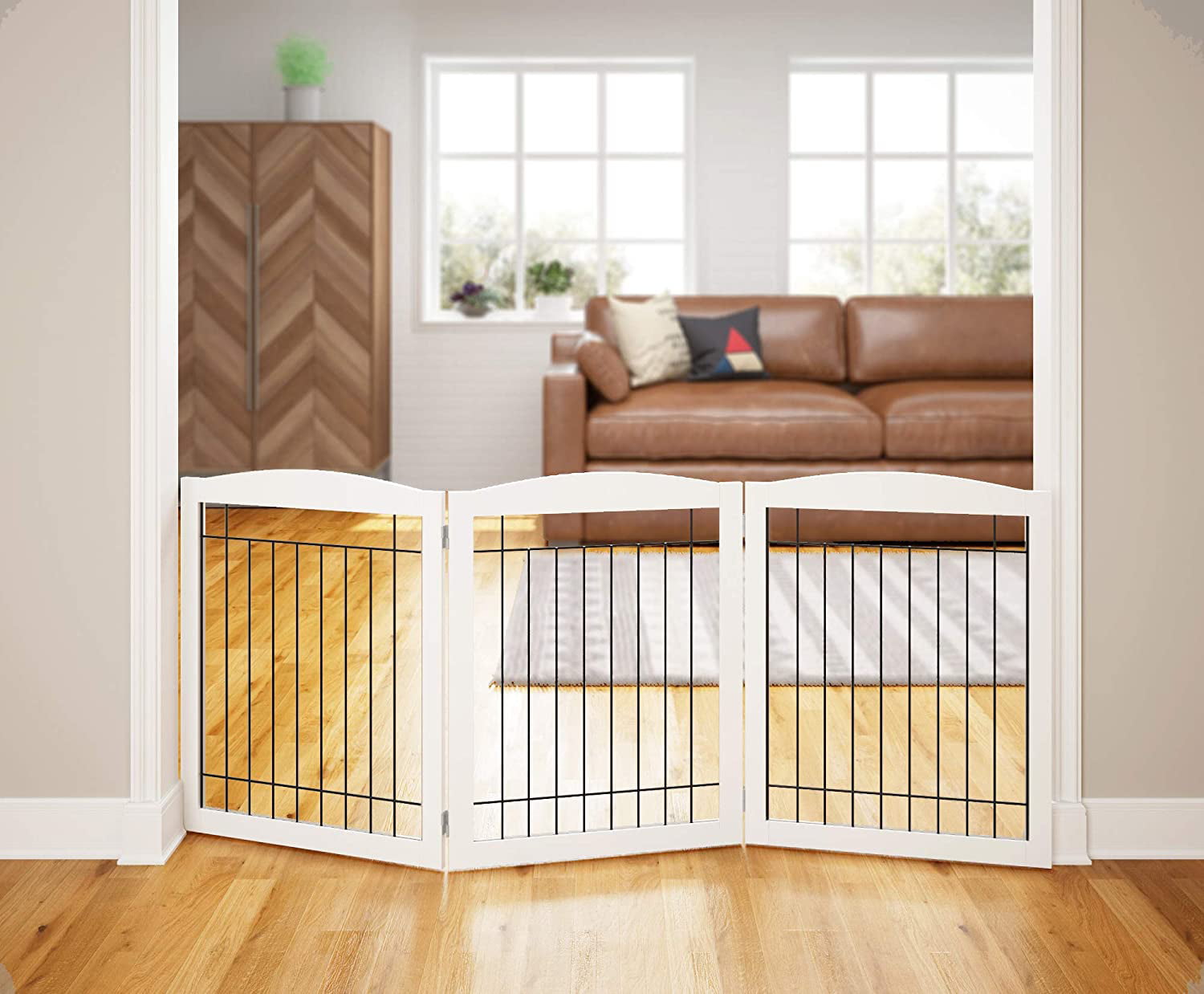 PAWLAND Wooden Freestanding Wire Pet Gate for Dogs， 3 Panel Step Over Fence， Dog Gate for The House， Doorway， Stairs， Extra Wide Tall Pet Safety Fence Christmas tree fence (White， 30