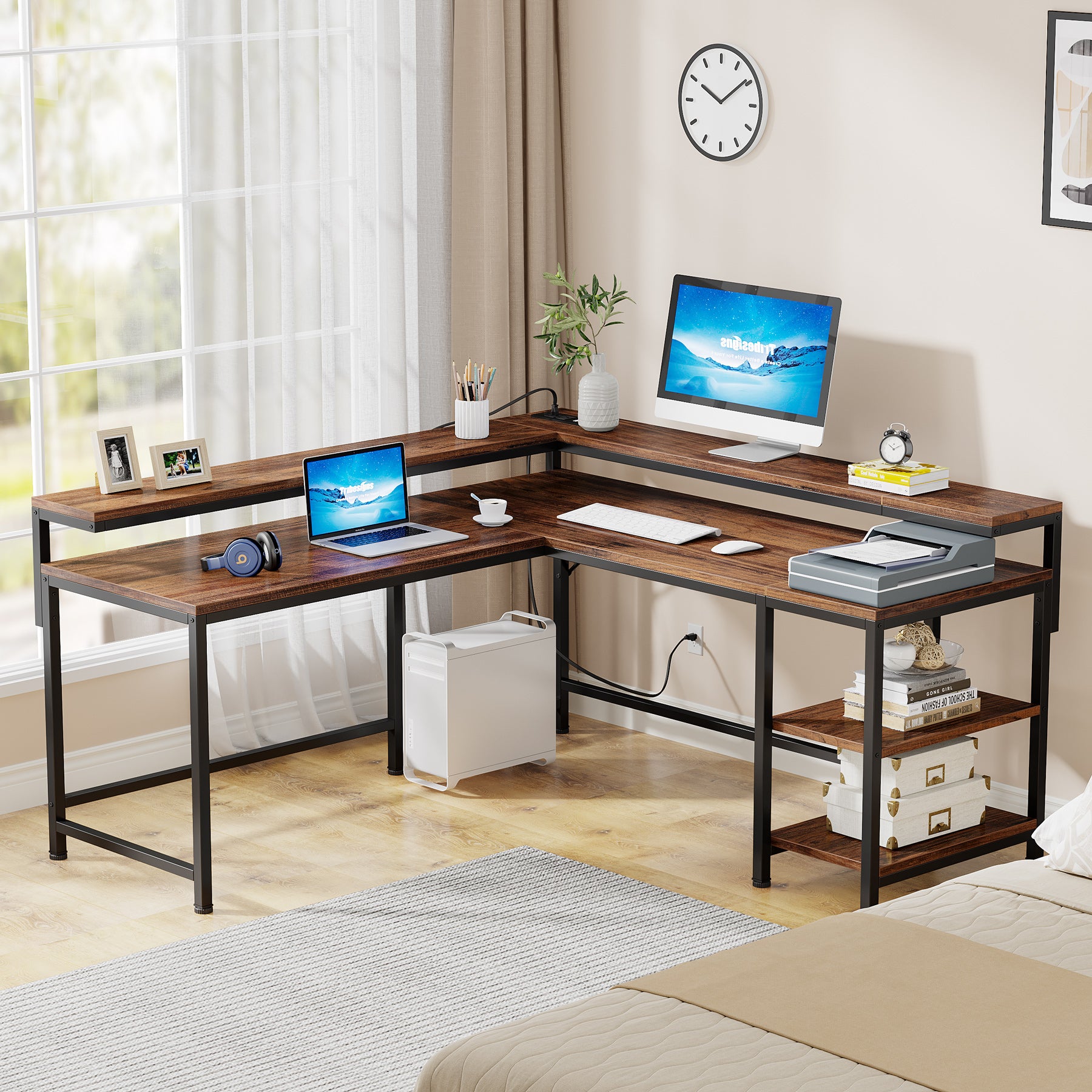 Reversible L-Shaped Desk, Corner Desk with Power Outlets & Monitor Shelves