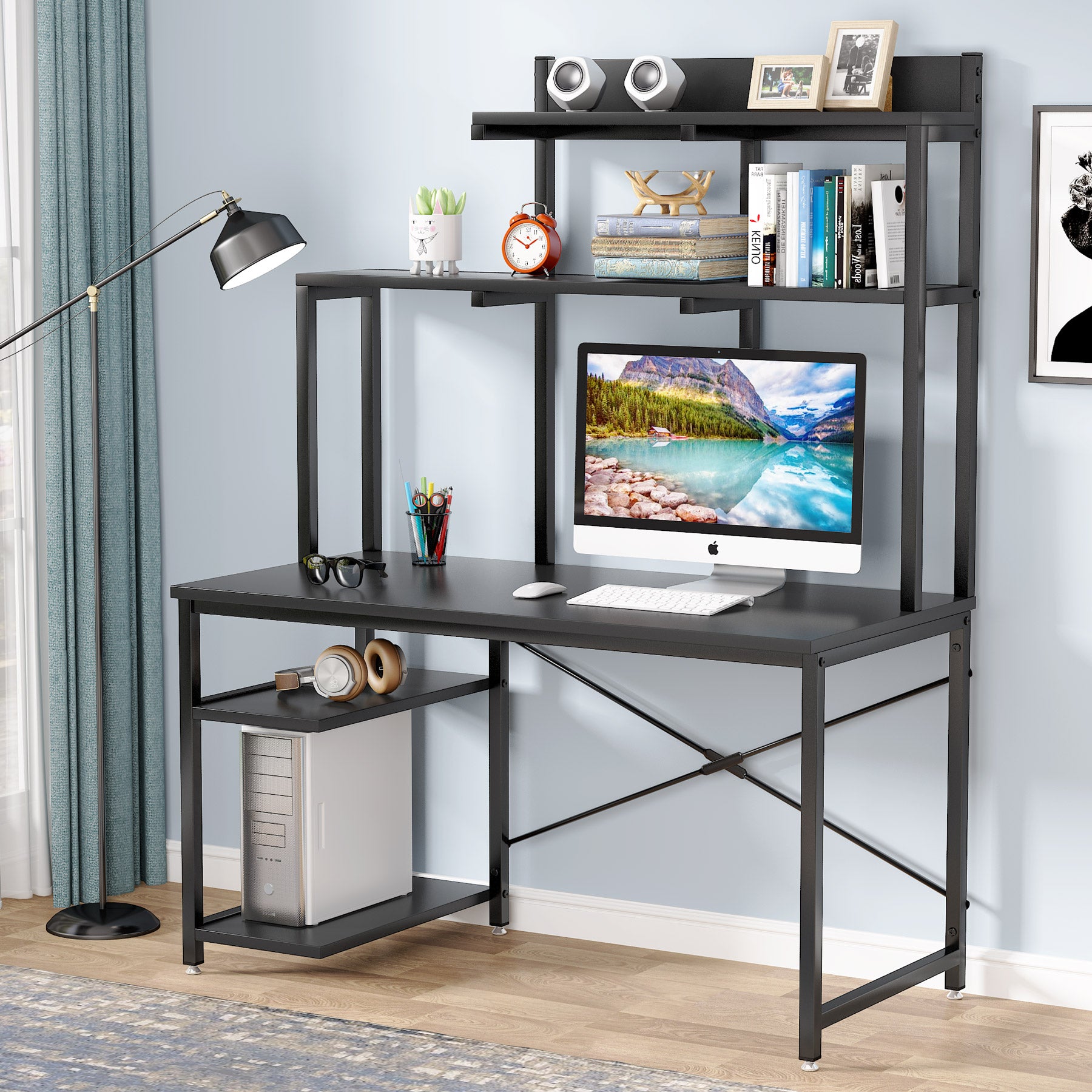 Black Computer Desk, Home Office Desk with Shelves and Hutch