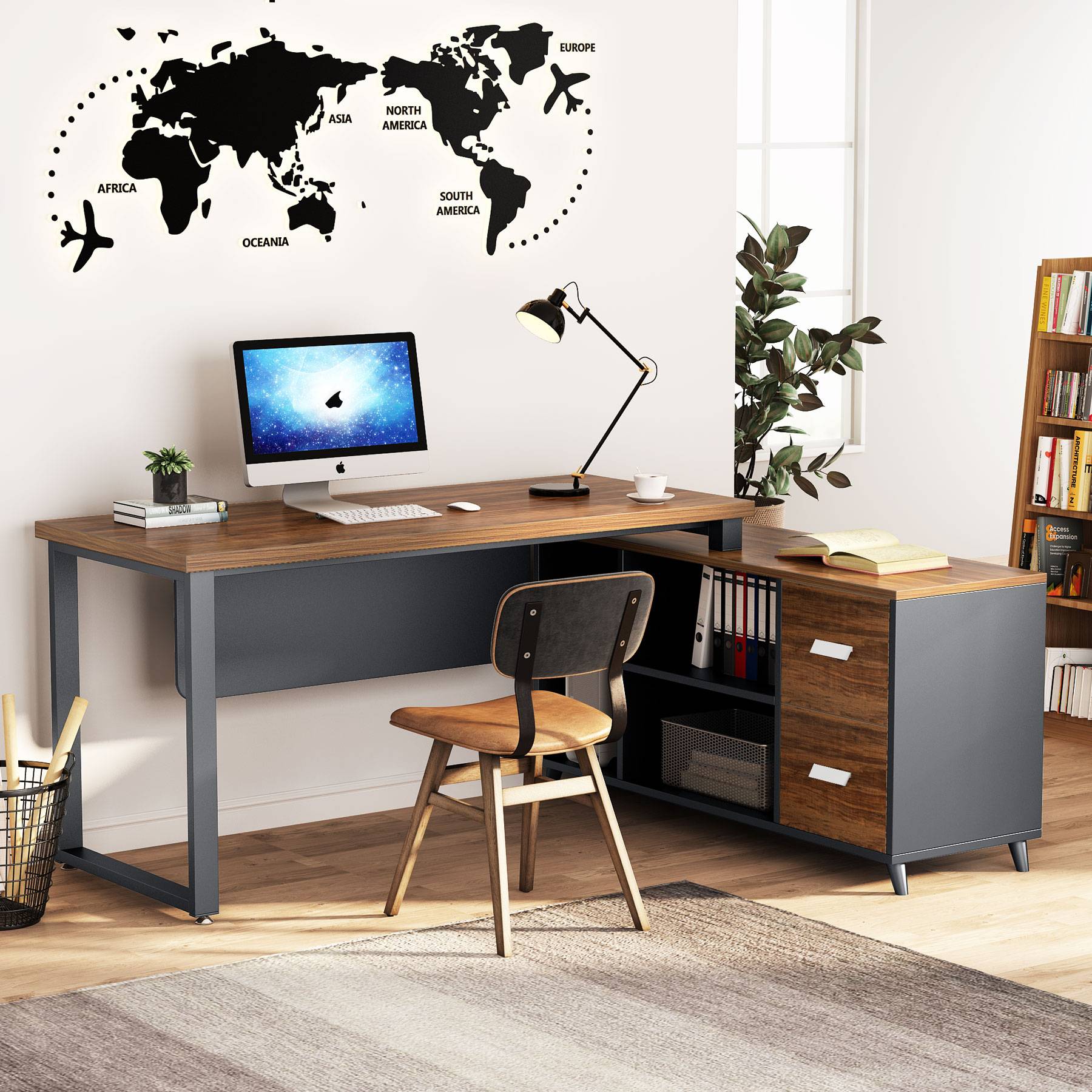 55 Inch L-Shaped Computer Executive Desk with 47 inch File Cabinet