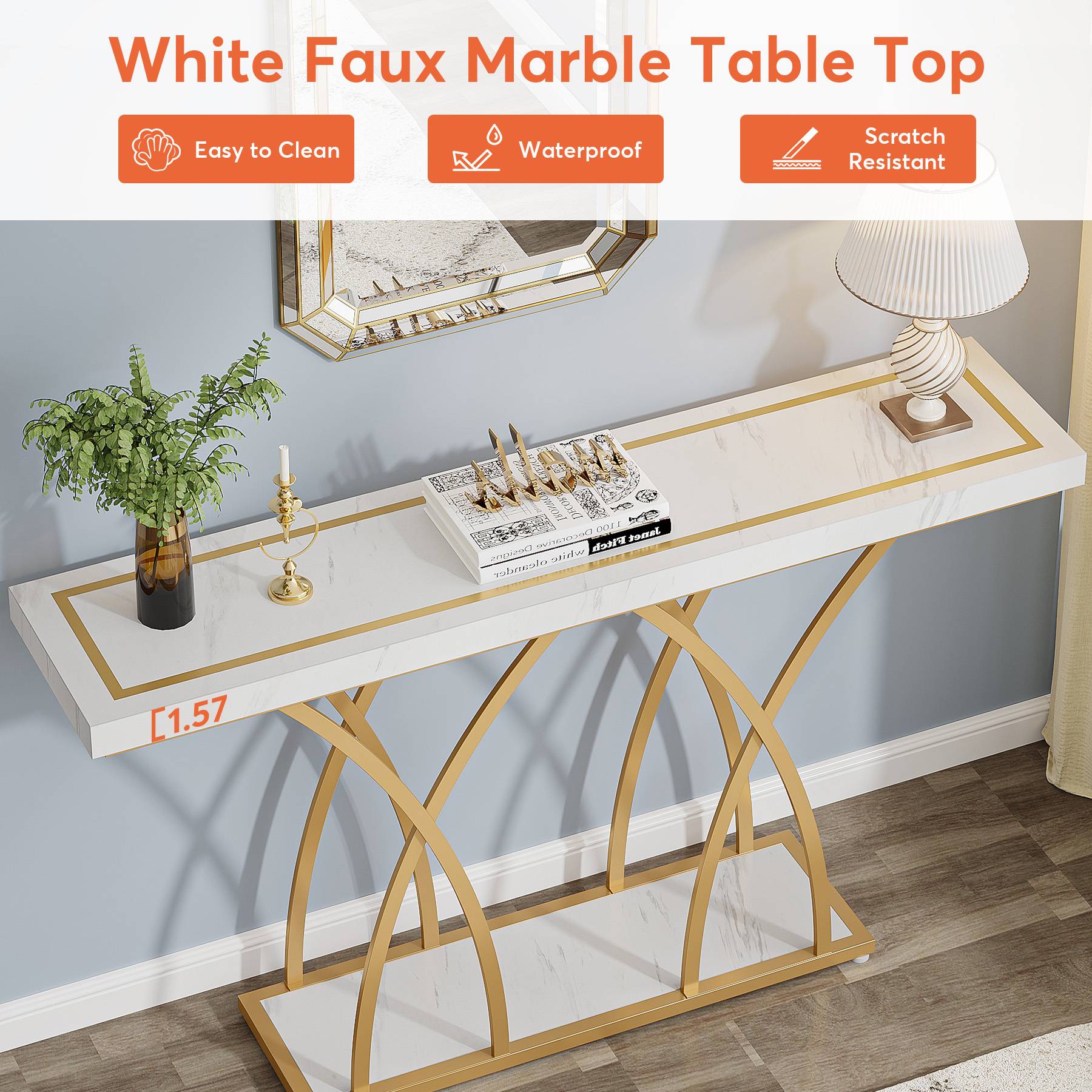 55 Inch Console Table, Modern Faux Marble Entryway Sofa Table