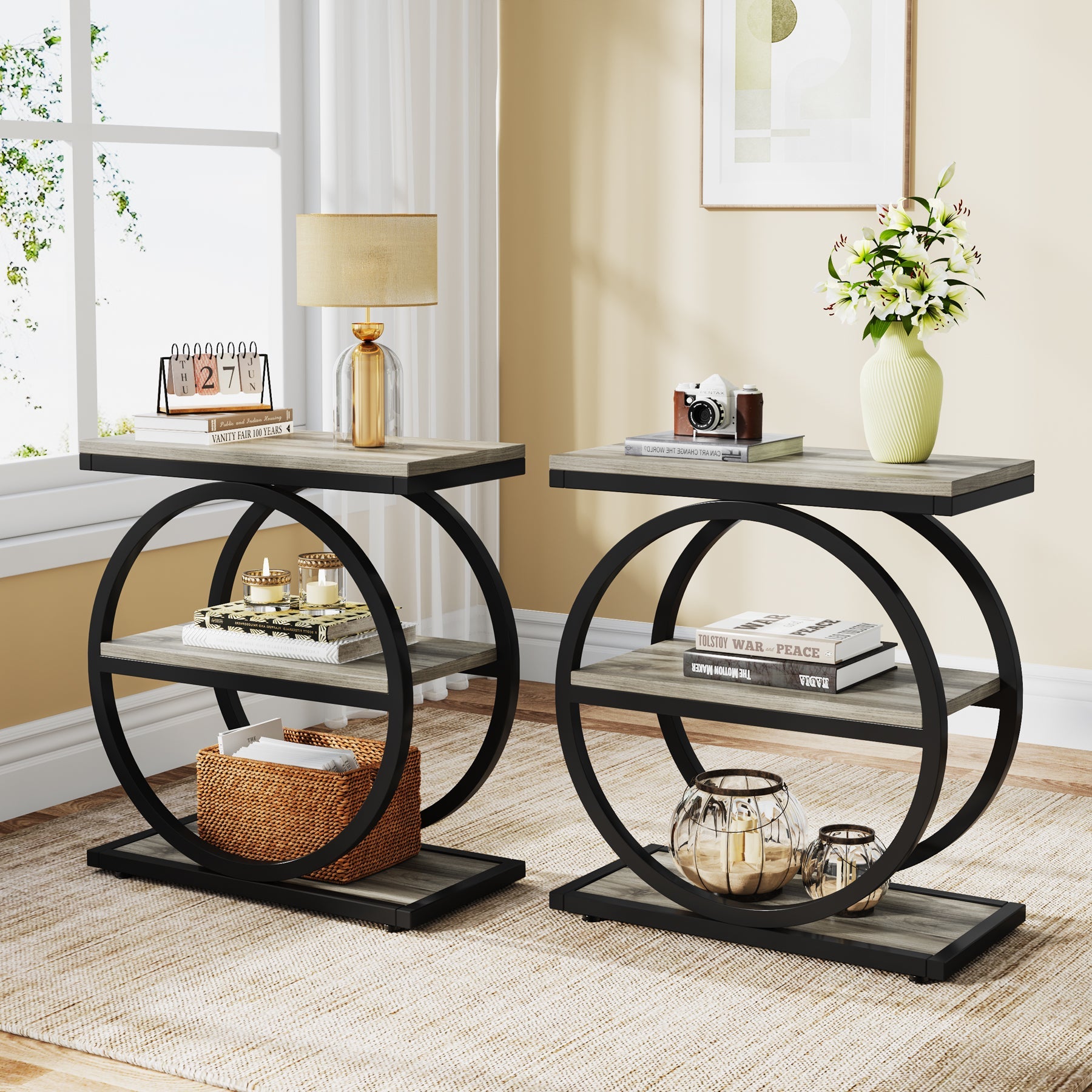 3-Tier End Table, Industrial Sofa Side Table with Round Metal Frame