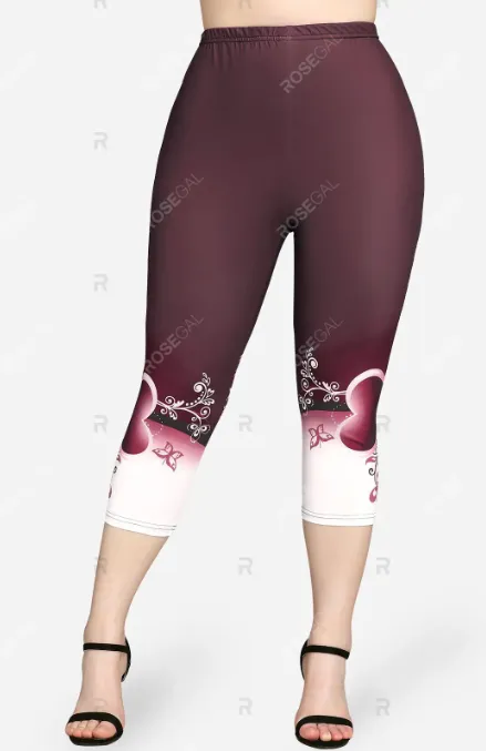 Heart Floral Print Colorblock Tee and Capri Leggings Plus Size Summer Outfit