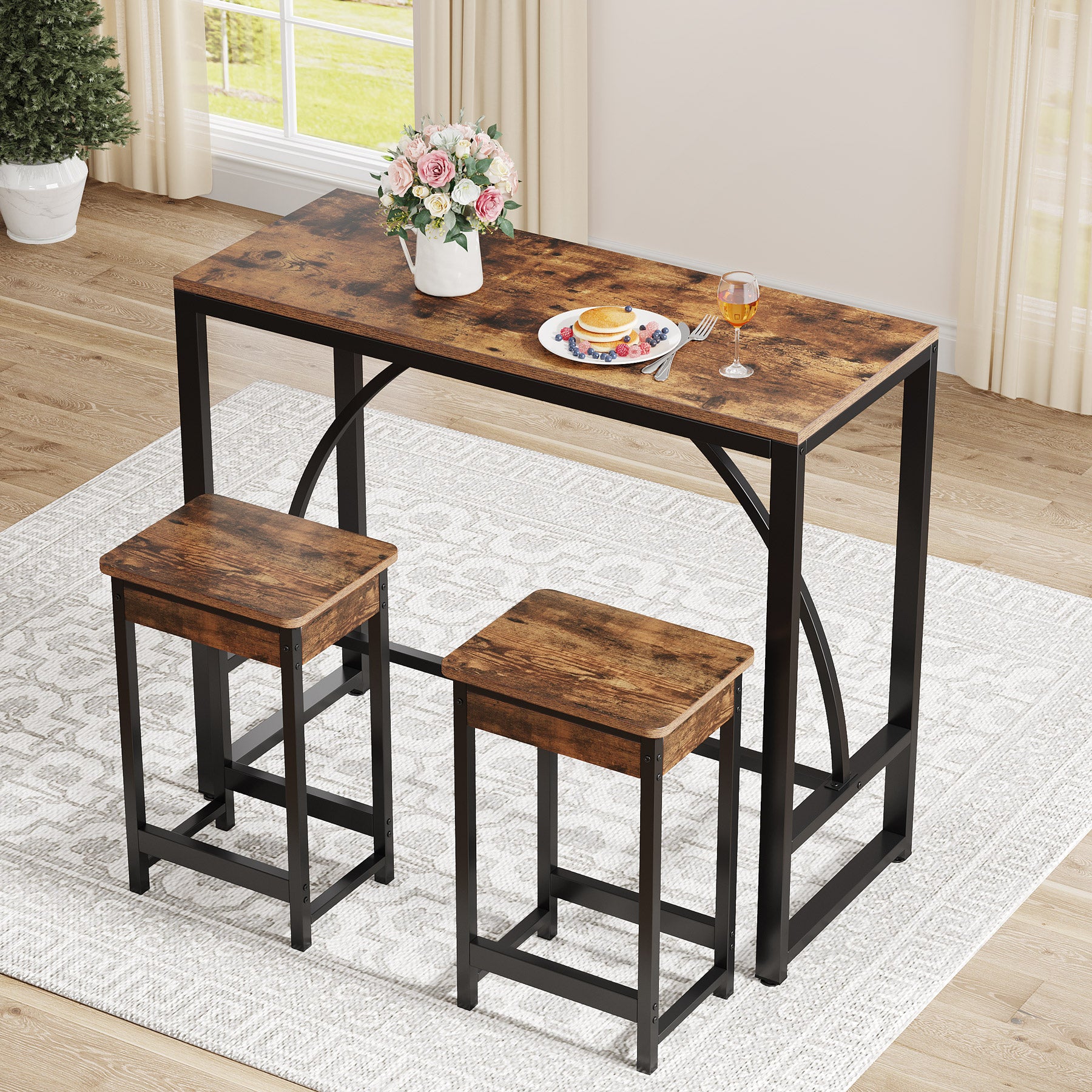 3-Piece Bar Table Set, 43.7-Inch Dining Table with 2 Stools