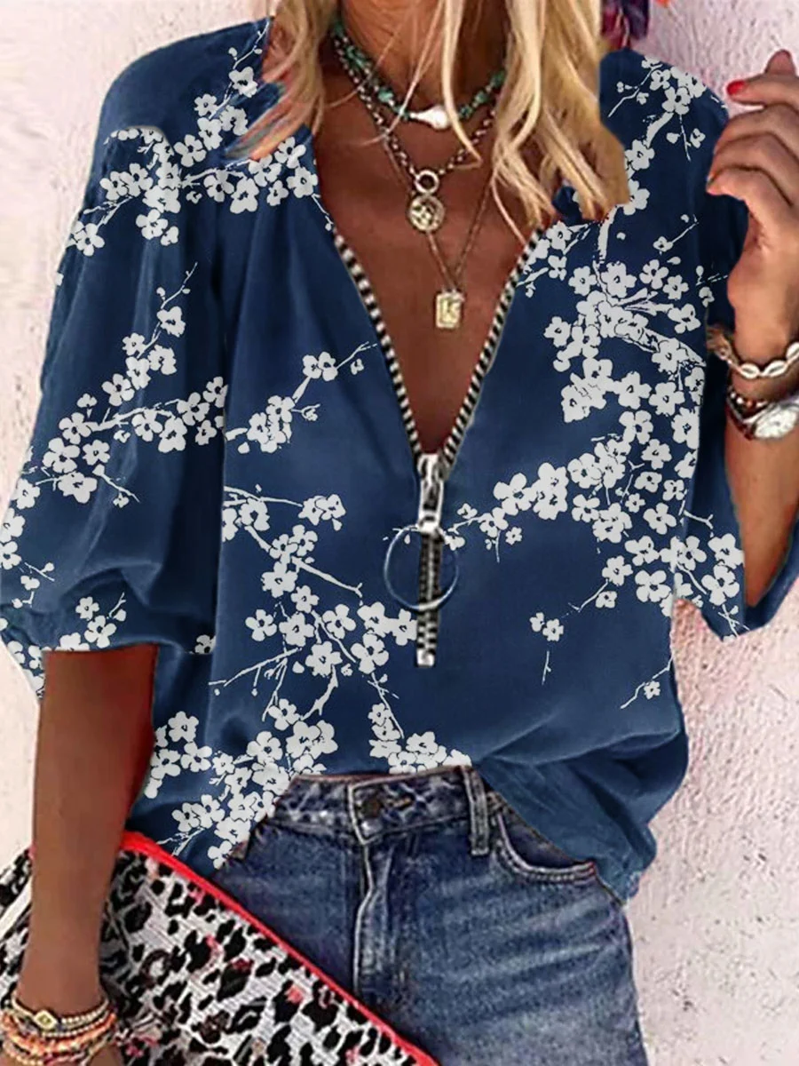 V-neck Zipper Floral Print Casual Loose Long-sleeved Blouse