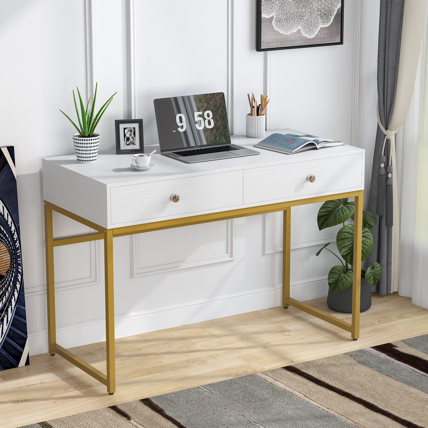 Modern Computer Desk with 2 Drawers, 47“ Simple Study Writing Desk