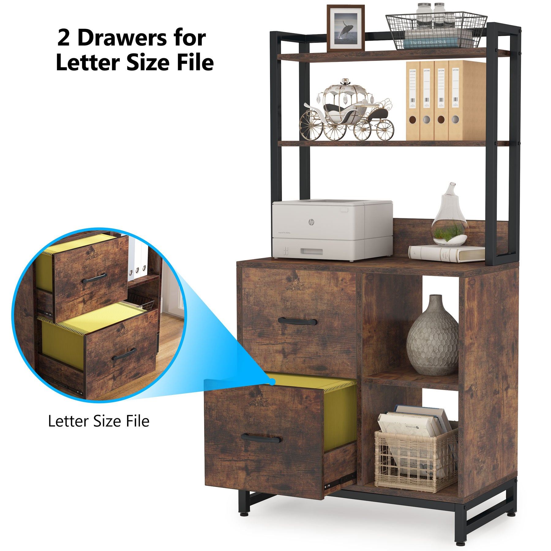 2-Drawer File Cabinet, Industrial Vertical Filling Cabinet with Bookshelf