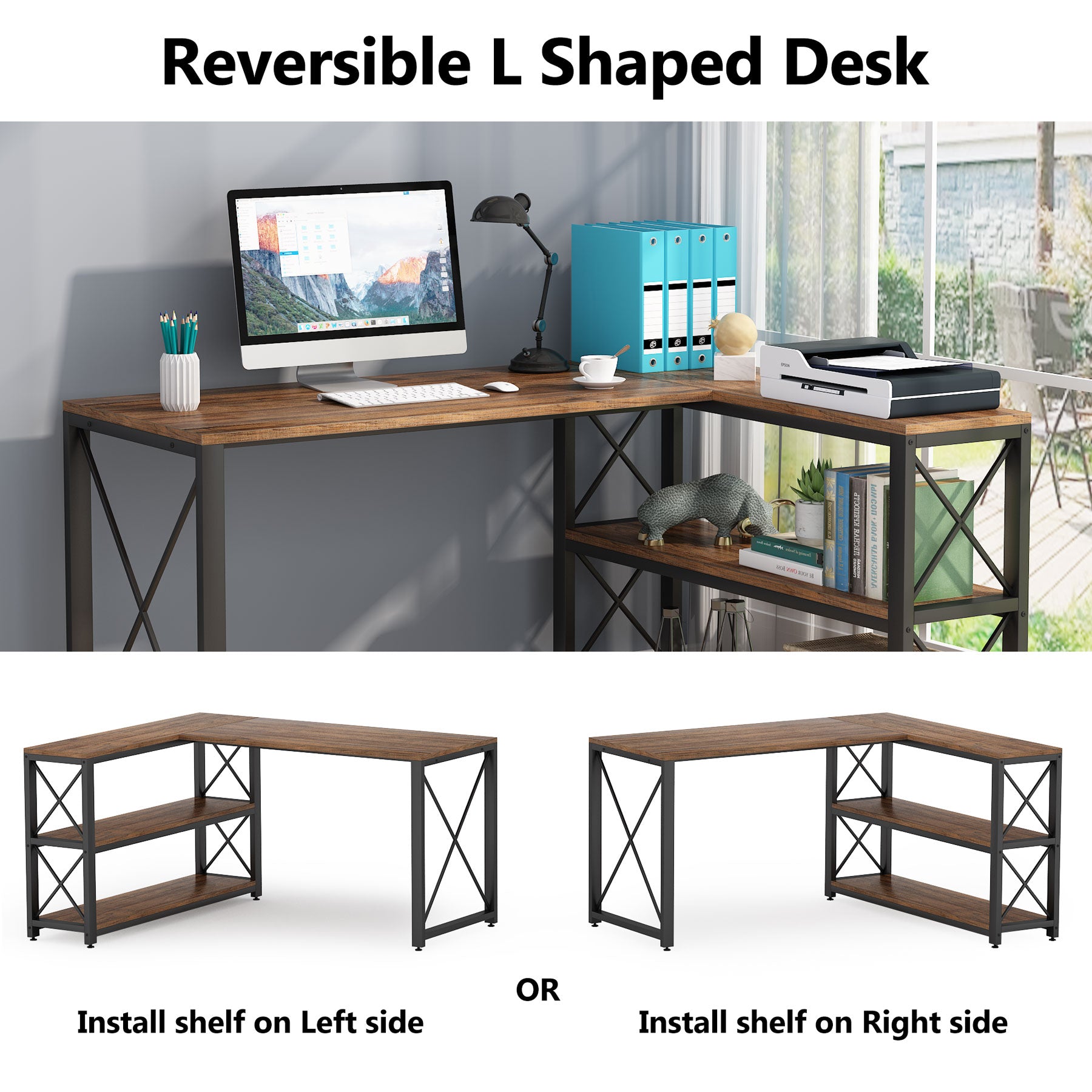 Reversible L-Shaped Desk, Corner Computer Desk with Shelves