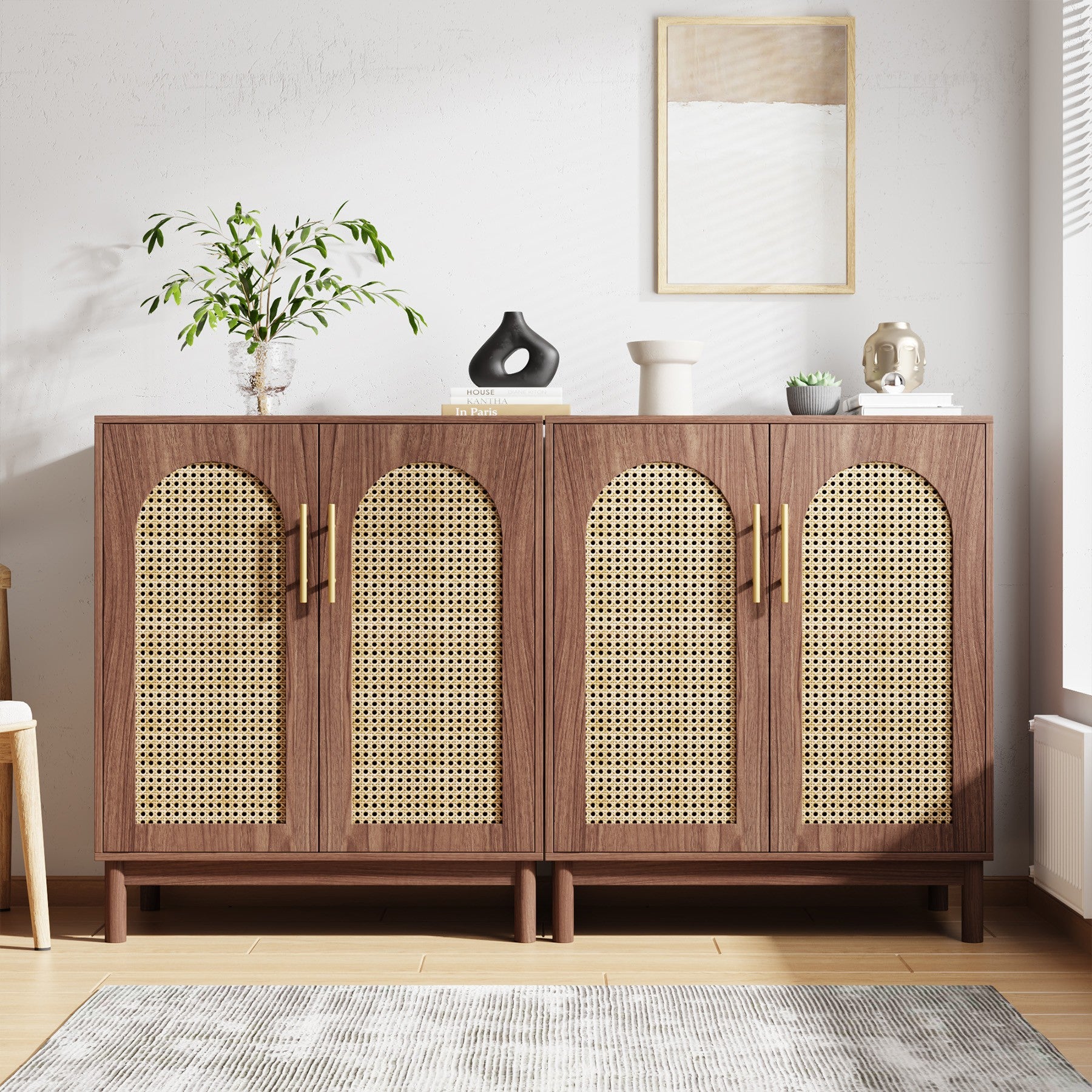 Sideboard Buffet Set of 2, Accent Rattan Storage Cabinet with Doors