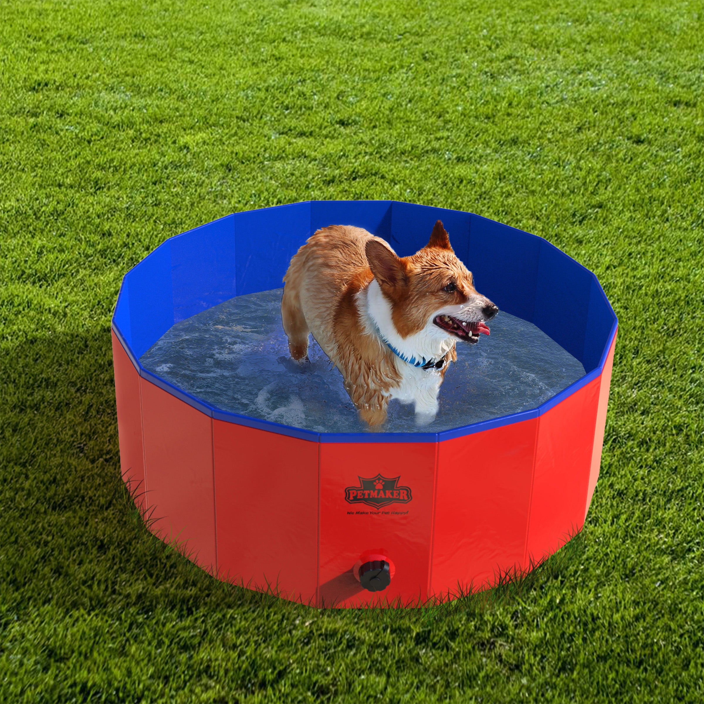 Dog Pool - Portable， Foldable 30.5-Inch Doggie Pool with Drain and Carry Bag - Pet Swimming Pool for Bathing or Play by PETMAKER (Red)