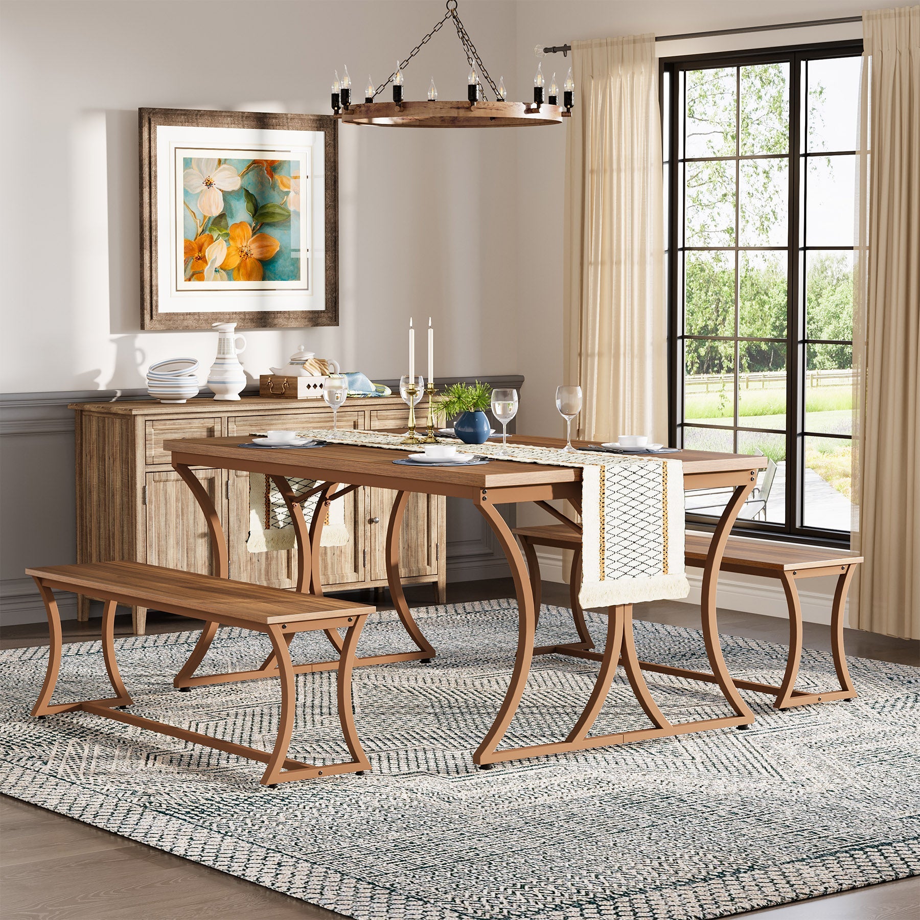 4-Piece 51-Inch Dining Table Set with 2 Benches & Table Runner