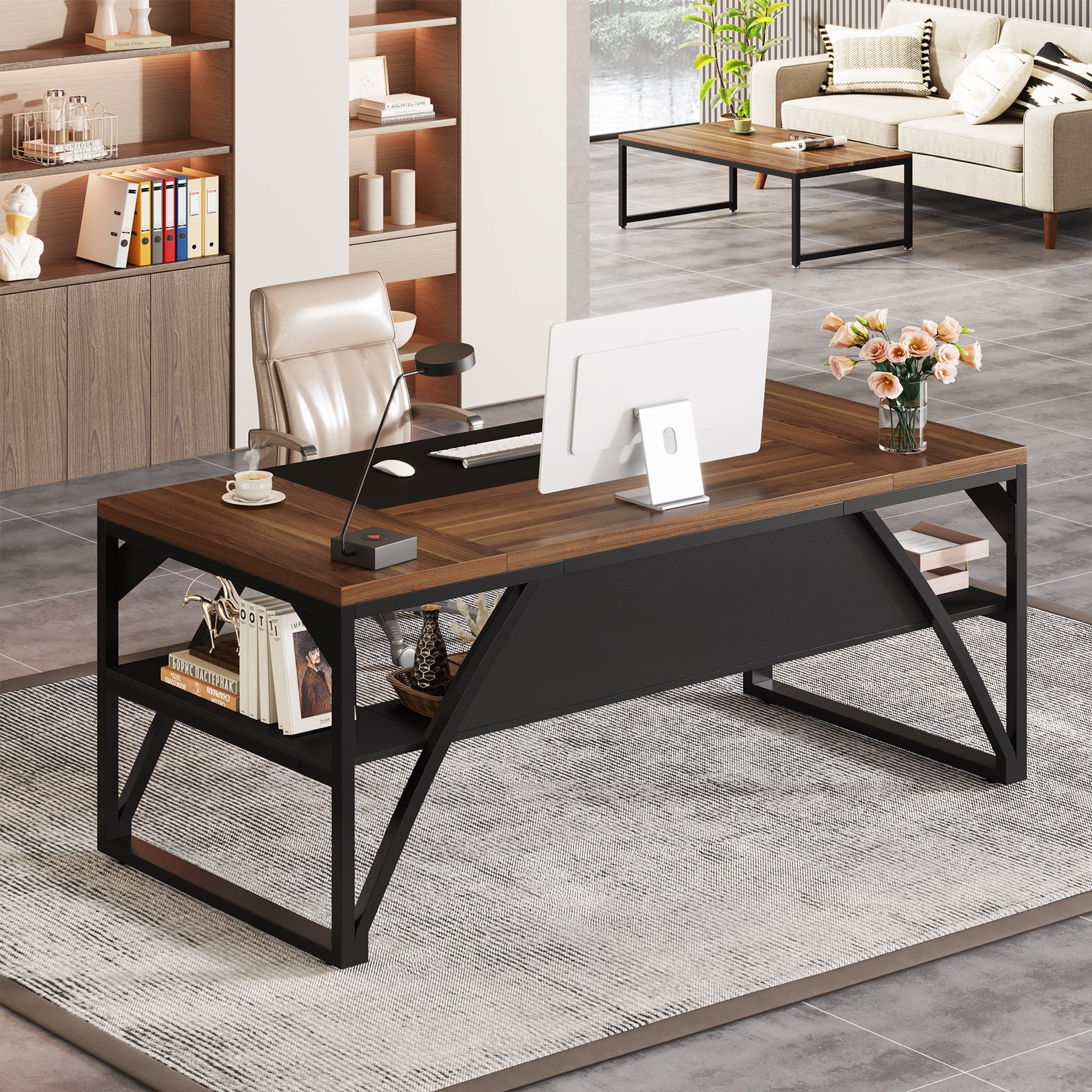 63-Inch Executive Desk, Modern Computer Desk with Storage Shelves