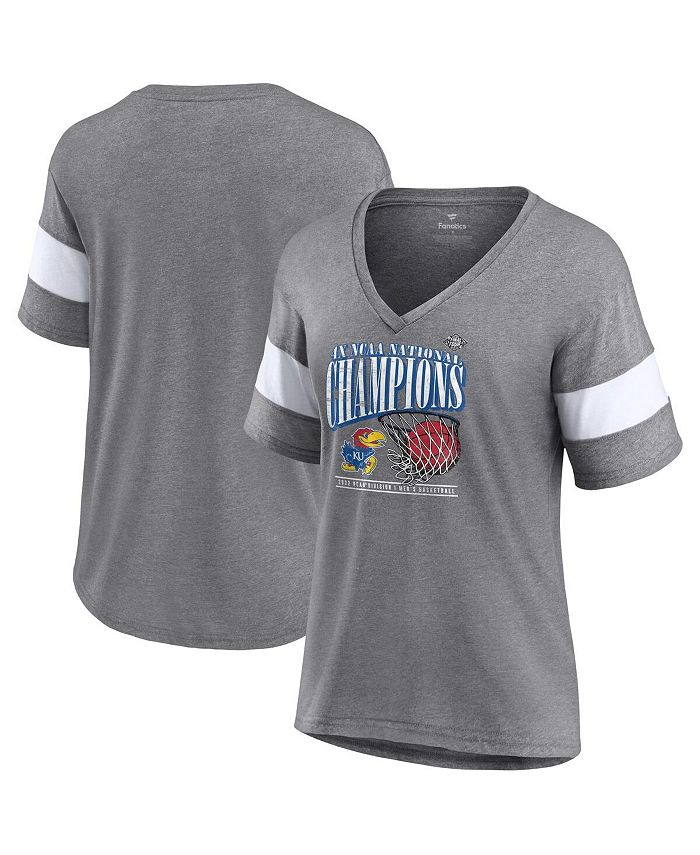 Women's Branded Heathered Gray Kansas Jayhawks 2022 NCAA Men's Basketball National Champions Press Vintage-Like V-Neck T-shirt
