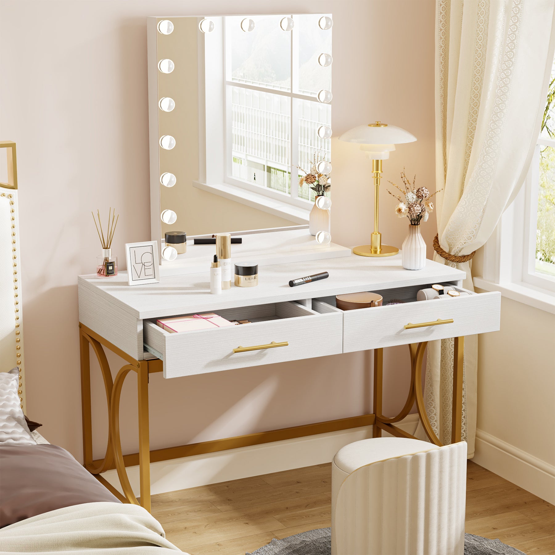 Modern Makeup Vanity, 2-Drawer Dressing Table with Lighted Mirror