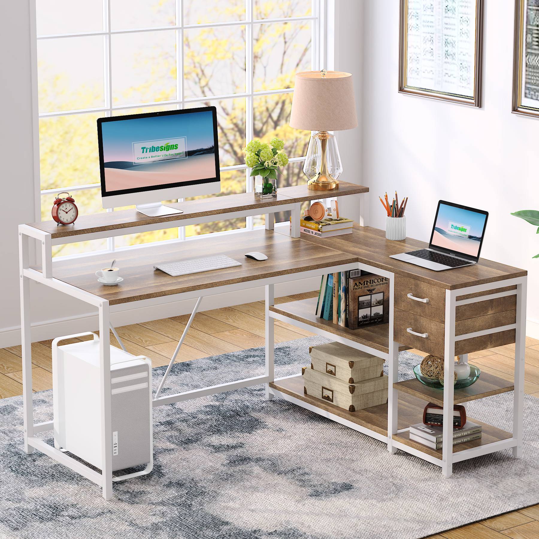 Reversible L-Shaped Desk, Industrial Corner Desk with Drawer & Shelves