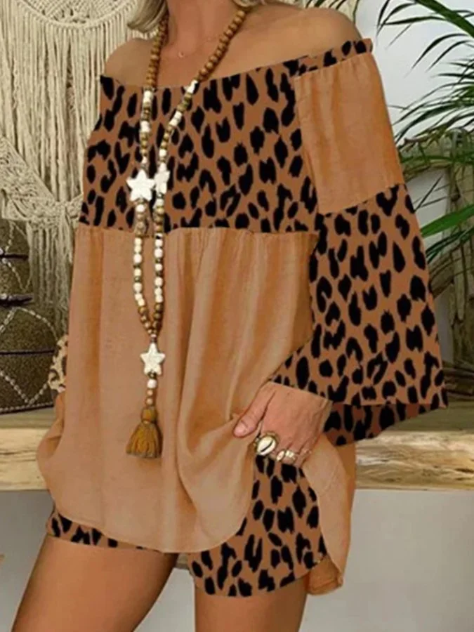 Ladies Cotton Linen Fashion Leopard Print Splicing Loose Large Size Suit