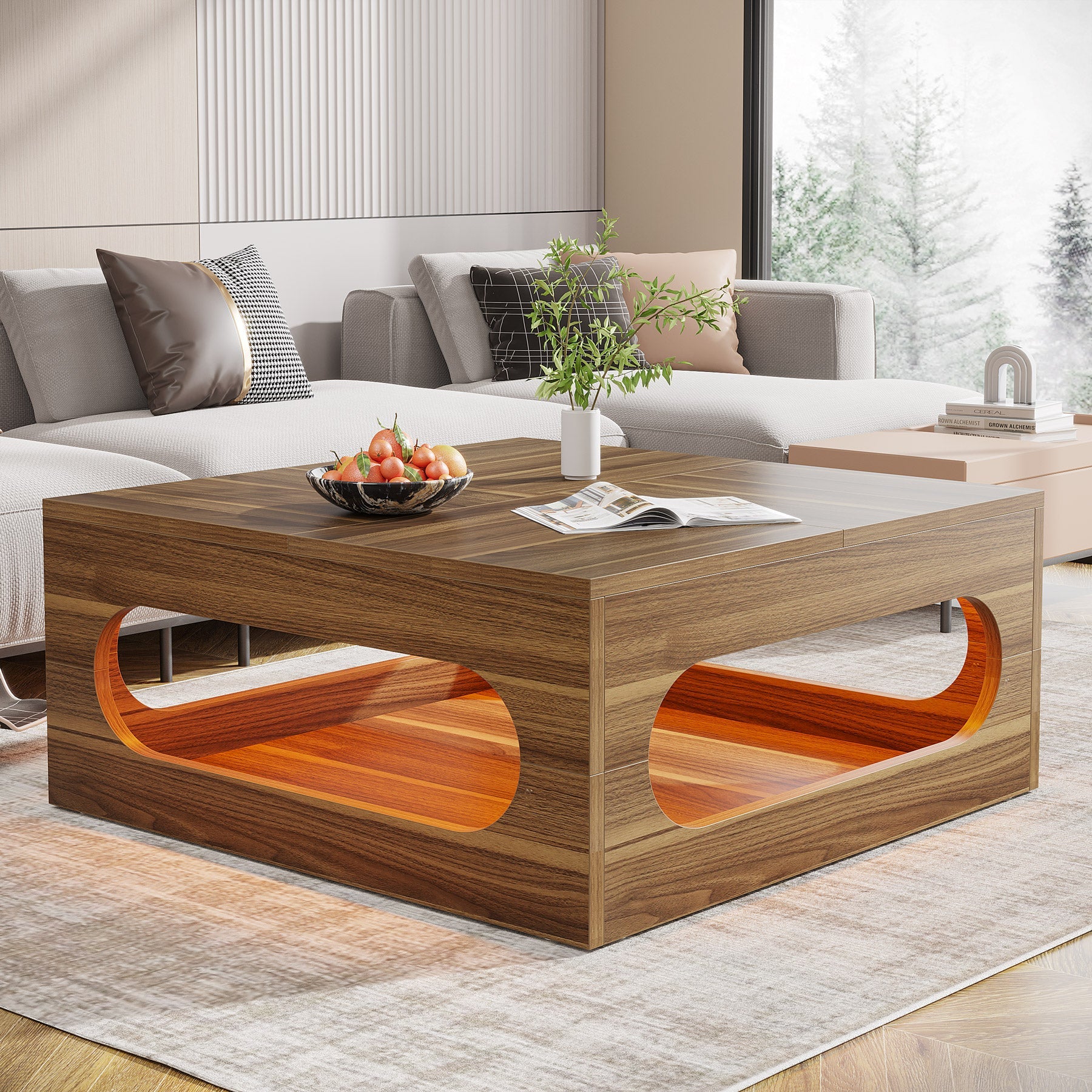 2-Tier Coffee Table, Wood Square Center Tea Table with LED Strip Light