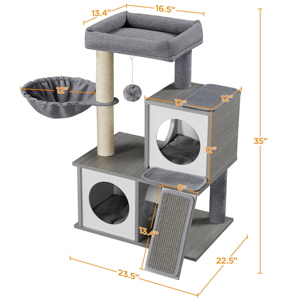 Yaheetech 35'' Multilevel Cat Tree Fabric Felt Cloth Medium Cat Tower with Two Condos Perch Scratching Posts Basket， Light Gray